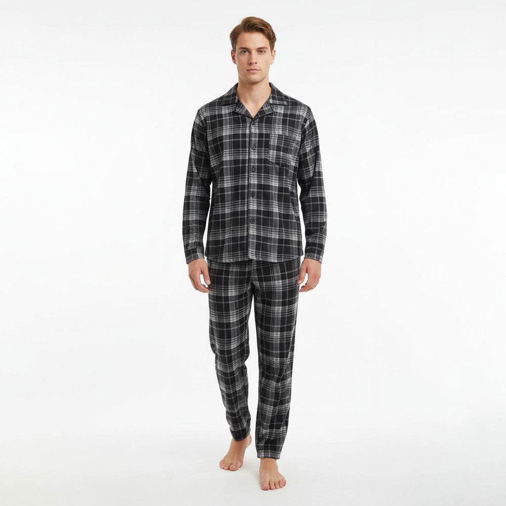 emeco Pyjama Herren Pyjama Baumwolle Schlafanzug lang Hausanzug kariert Nachtanzug