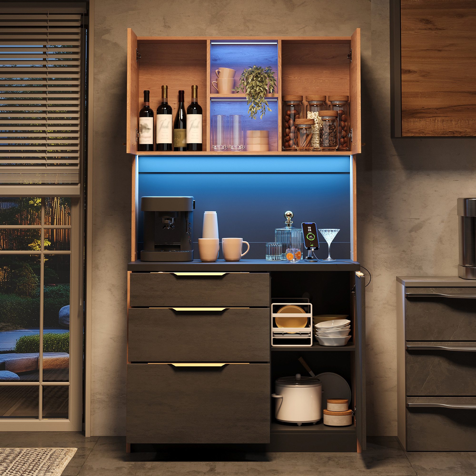 Flieks Küchenbuffet mit Steckdosen und LED-Beleuchtung, Holzoptik&Zementstrukturoptik (1-St., 100×40×180 cm) Küchenschrank Hochschrank mit schwarzer Arbeitsplatte und Schubladen