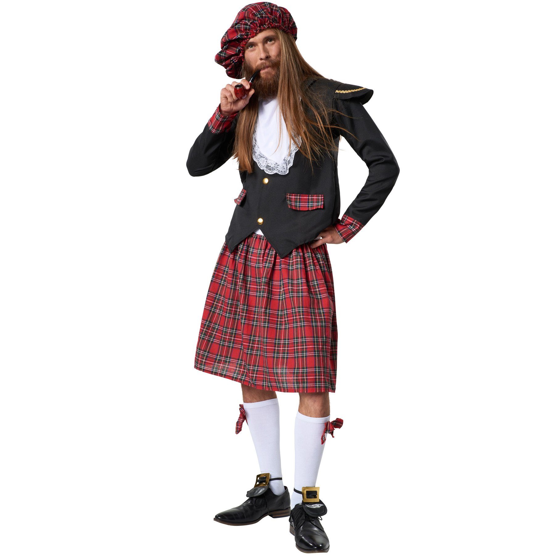dressforfun Kostüm Hochländer/Schottländer, in schwarz/rot, Gr. XXL, Edles, Ballonmütze mit Gummizug, Kilt mit Kniestrümpfen, Großer Spitzenkragen