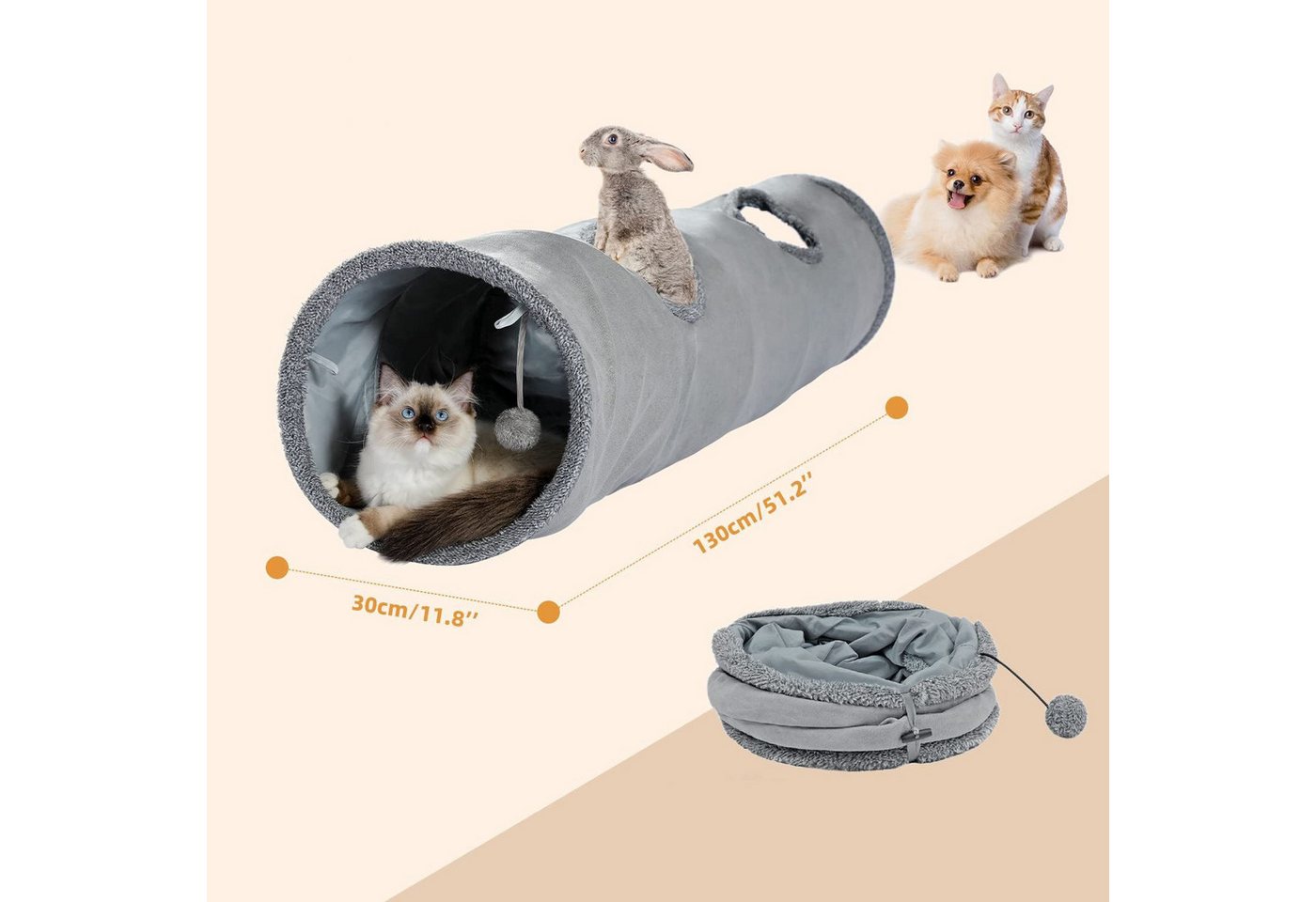 Thumbnail - SURFOU Agility-Tunnel Katzentunnel Faltbarer Rascheltunnel mit Spielzeugball Kunstwildleder, Kunstwildleder, katzen spie...