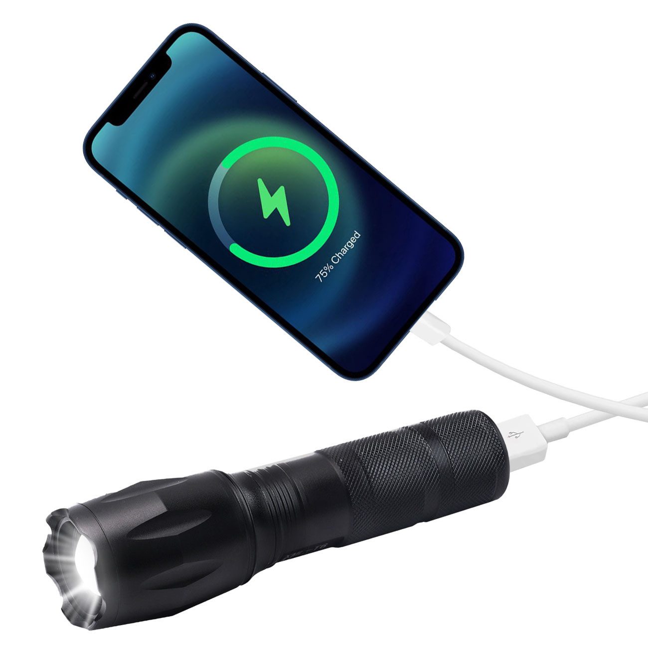 Casativo LED Taschenlampe Cree LED-Taschenlampe 260lm mit Powerbank 200m Reichweite IP44 (1-St., 1er-Set & 2er-Set), wiederaufladbar, Zoom & USB, Notfallmodi
