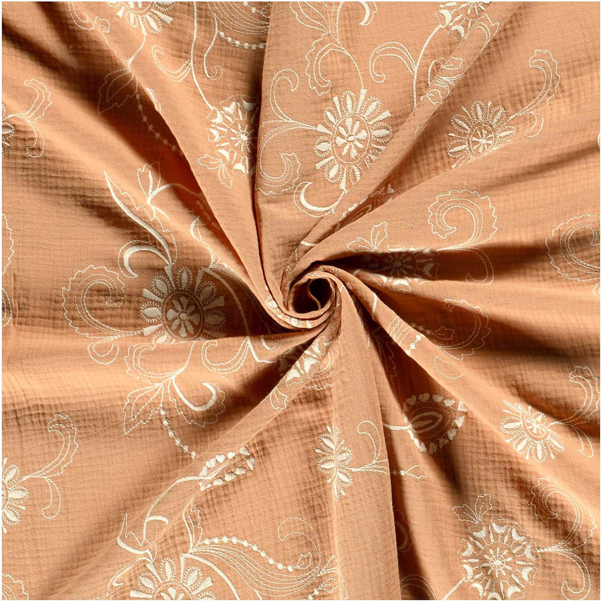maDDma Stoff Musselin-Stoff floral bestickt ab 50x130cm uni Windeltuch Mulltuch, 111 - pfirsich