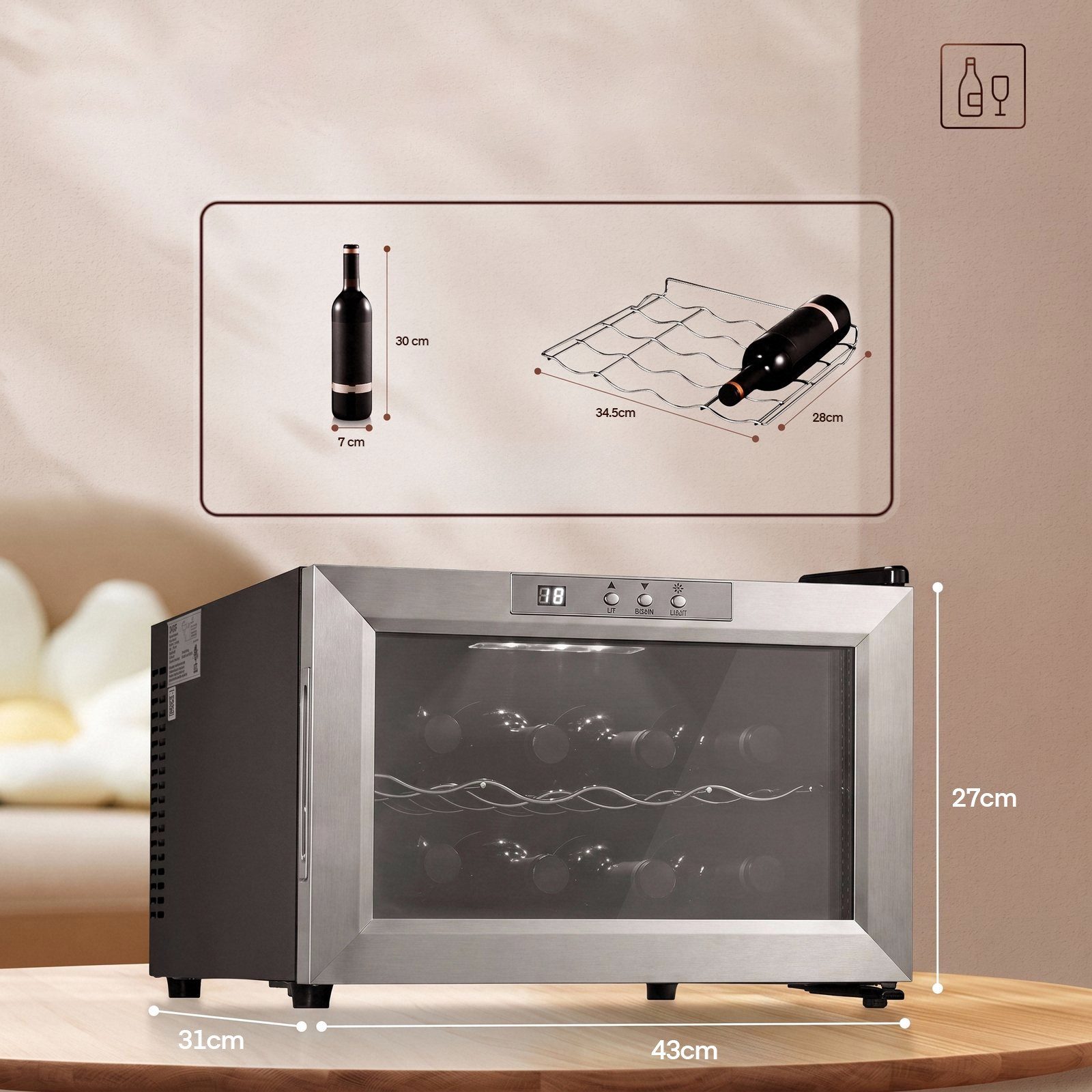 FOHERE Weinkühlschrank mit 22L Fassungsvolumen für 8 Flaschen Temperatur von 8°C bis 18°C,mit LCD und höhenverstellbare Füße