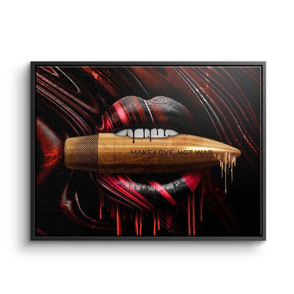 DOTCOMCANVAS® Leinwandbild, Leinwandbild Make Love Not War Motiv rote Lippen mit premium Rahmen schwarzer Rahmen | Leinwandbilder