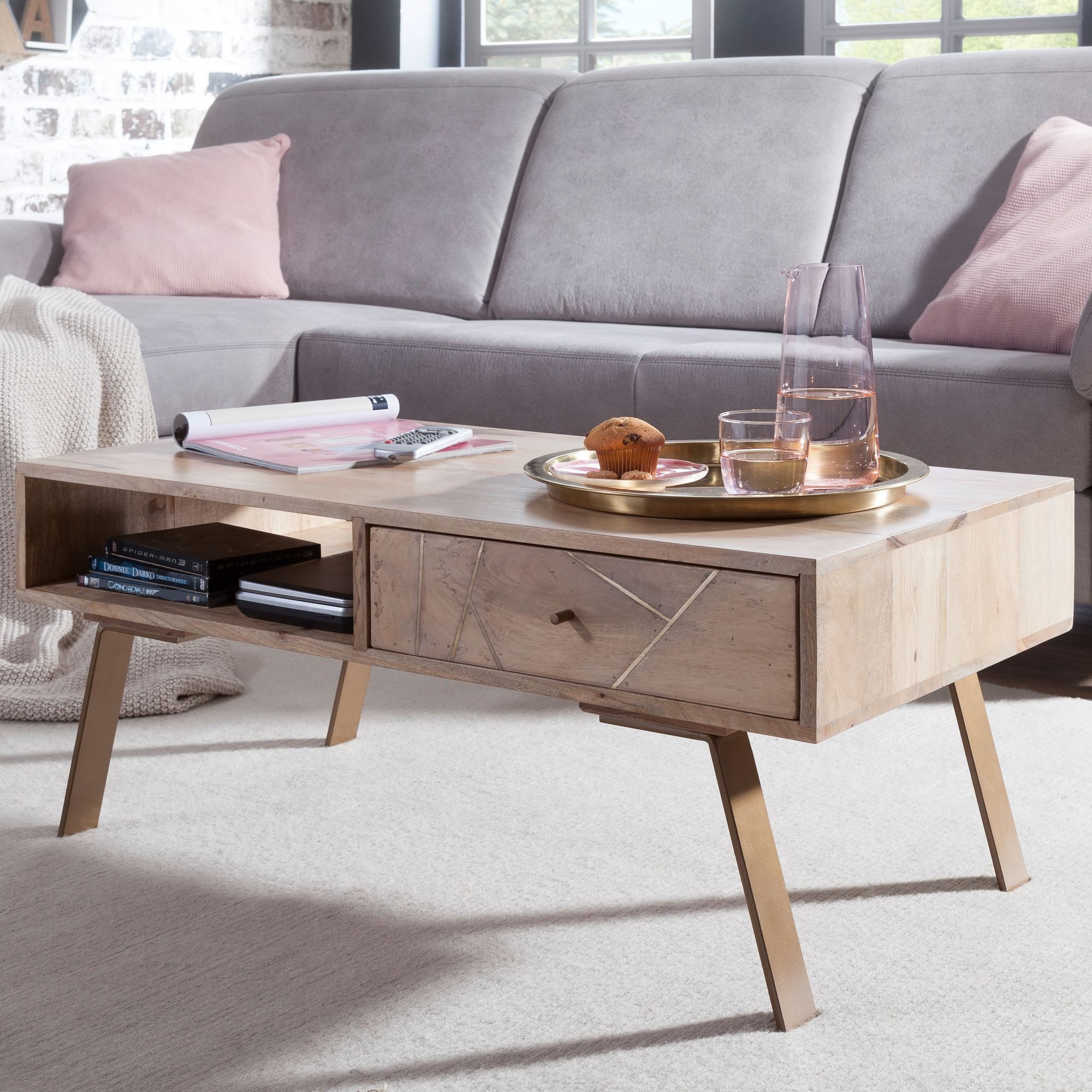 FINEBUY Couchtisch Couchtisch Massivholz rechteckig 95cm Wohnzimmertisch Sc günstig online kaufen