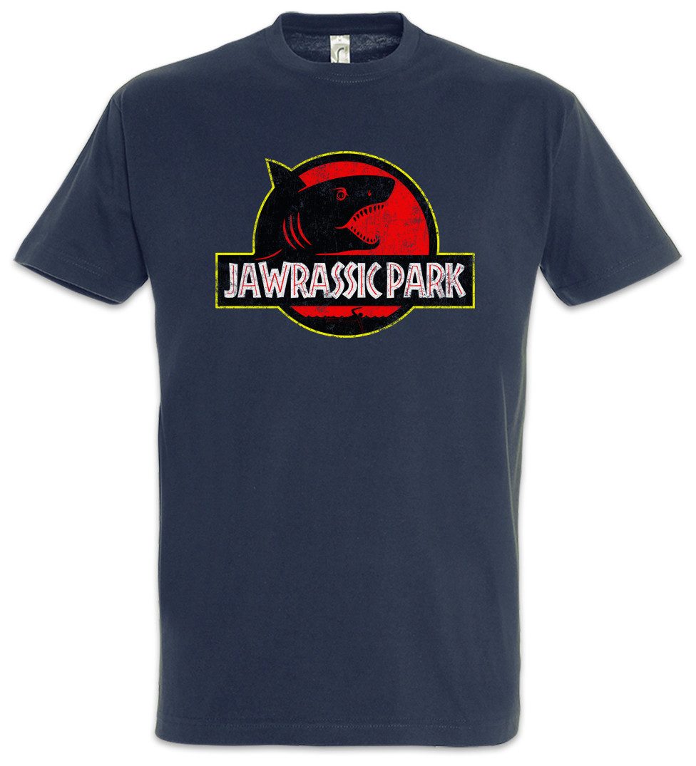 Urban Backwoods Print-Shirt Jawrassic Park Herren T-Shirt Island Shark Plakat Weißer Hai White (1-tlg) Jaws Martin Quint Boat