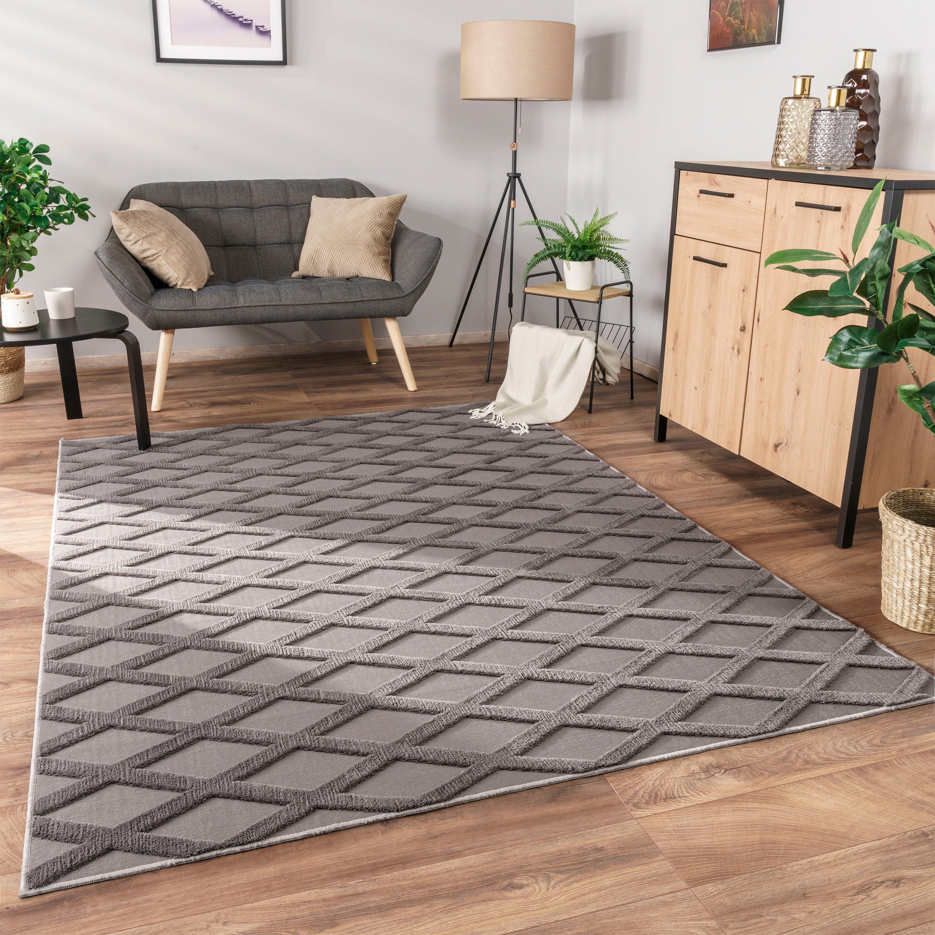 Paco Home Teppich Utrecht 642, rechteckig, Höhe: 4 mm, Kurzflor, Uni Farben, 3D-Design, Rauten Muster, Hoch-Tief Effekt