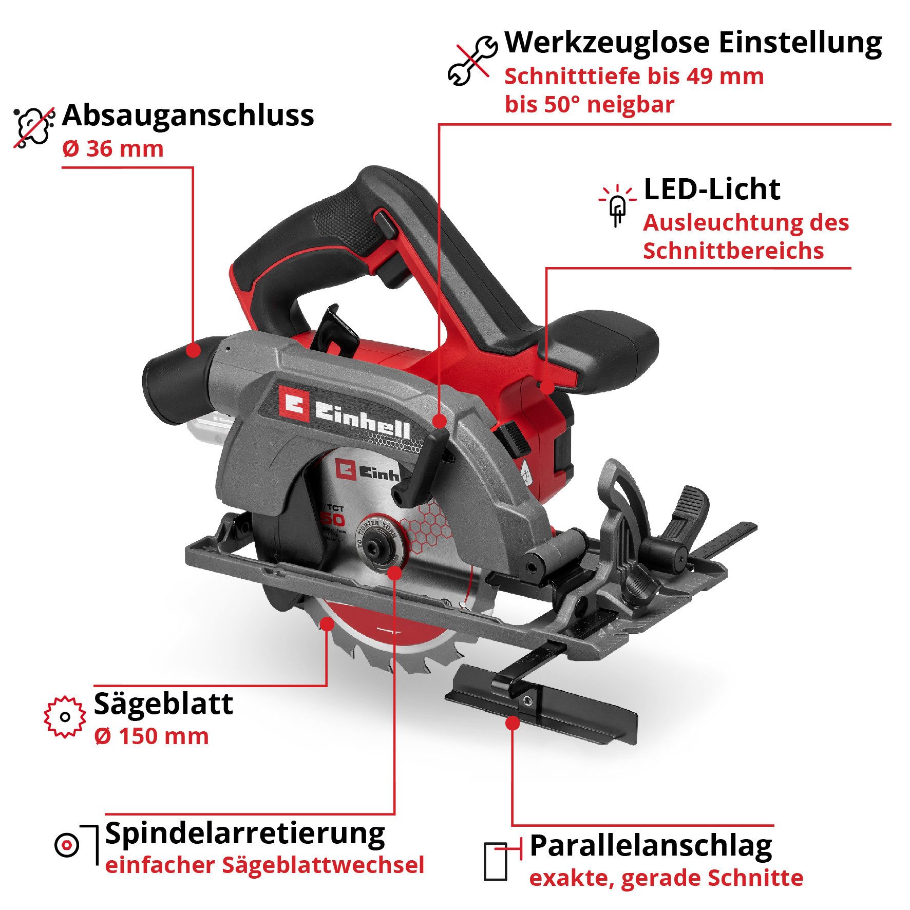 Einhell Akku-Handkreissäge TE-CS 18/150-2 Li - Solo, ohne Akku und Ladegerät – Bild 4 von 5
