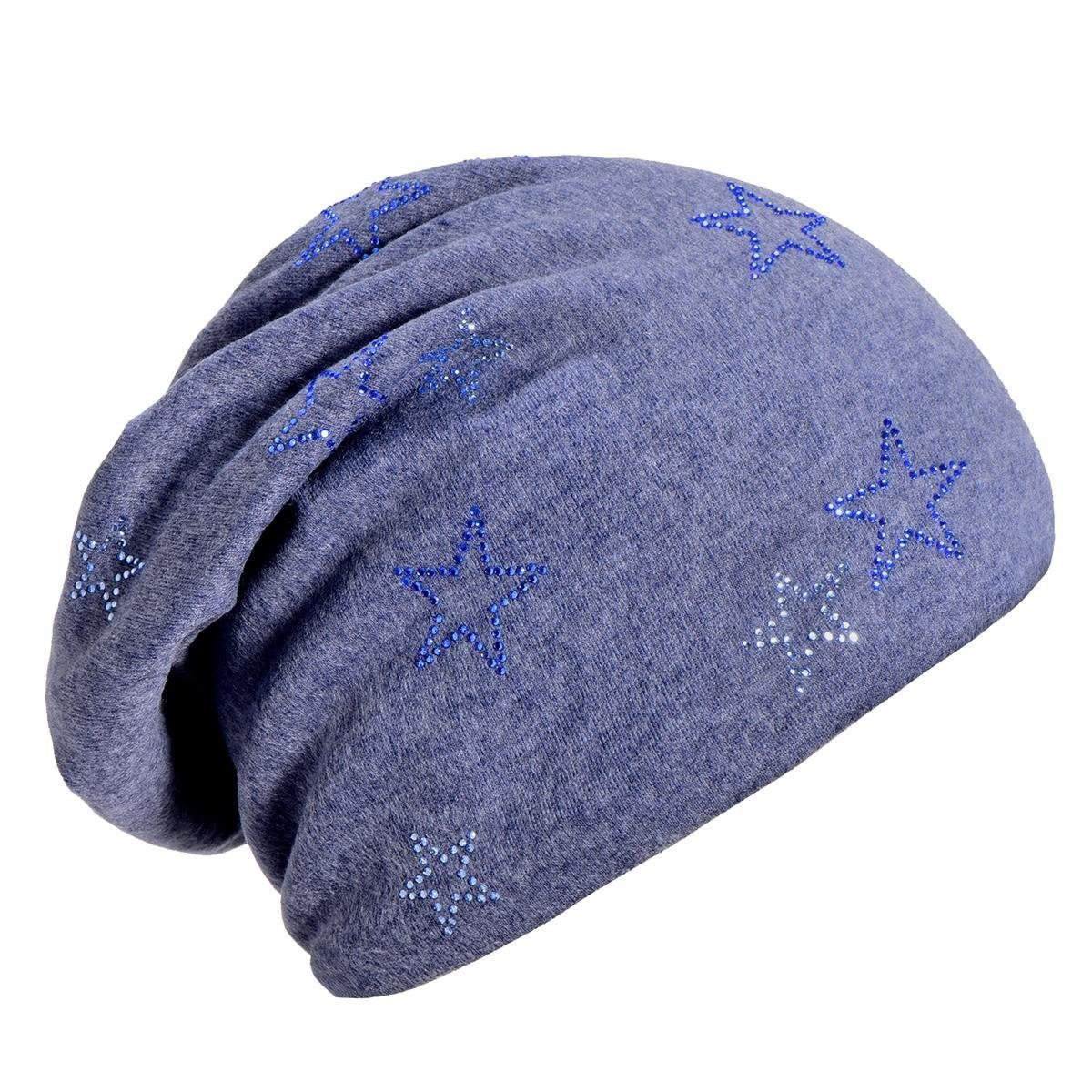 Teddyfleece mit Wintermütze, Beanie hellblau-blau (Packung, Print Beanie 1-St) Pailletten-, Strass- DonDon oder mit Damen Sternenprint, Slouch
