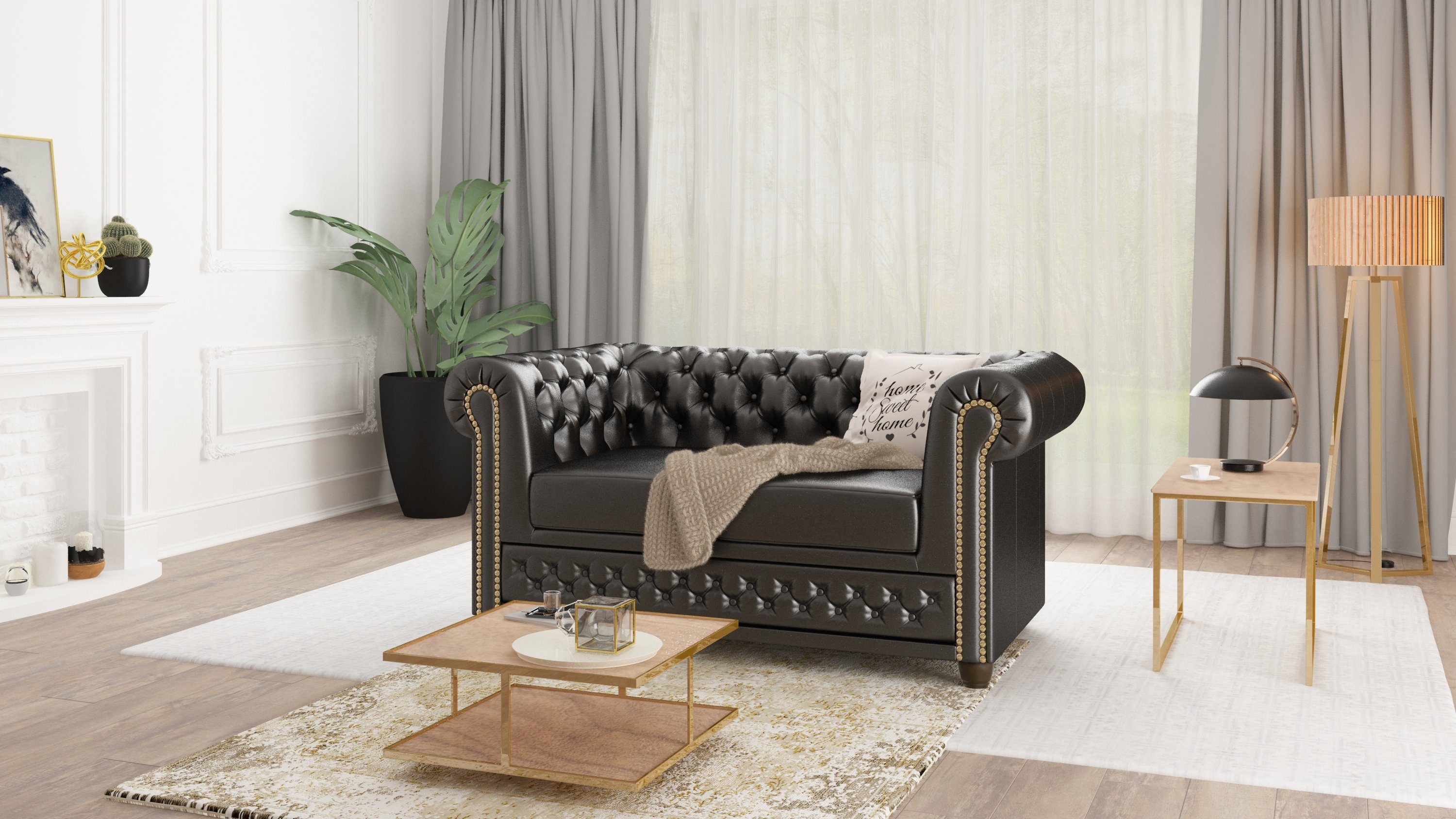 Wellenfederung Chesterfield Sofa, S-Style mit Schwarz Jeff Möbel 2-Sitzer