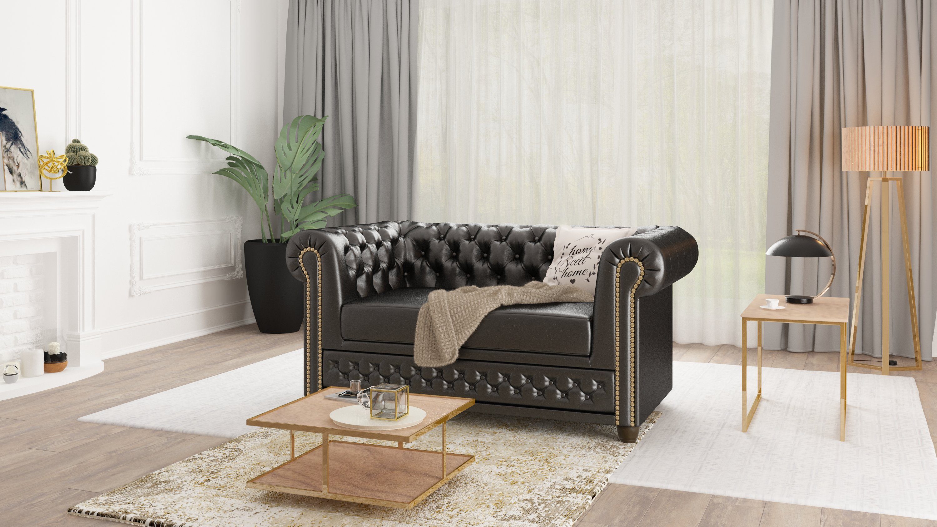 S-Style Möbel Chesterfield-Sofa Jeff 2-Sitzer mit Schlaffunktion aus vegane günstig online kaufen