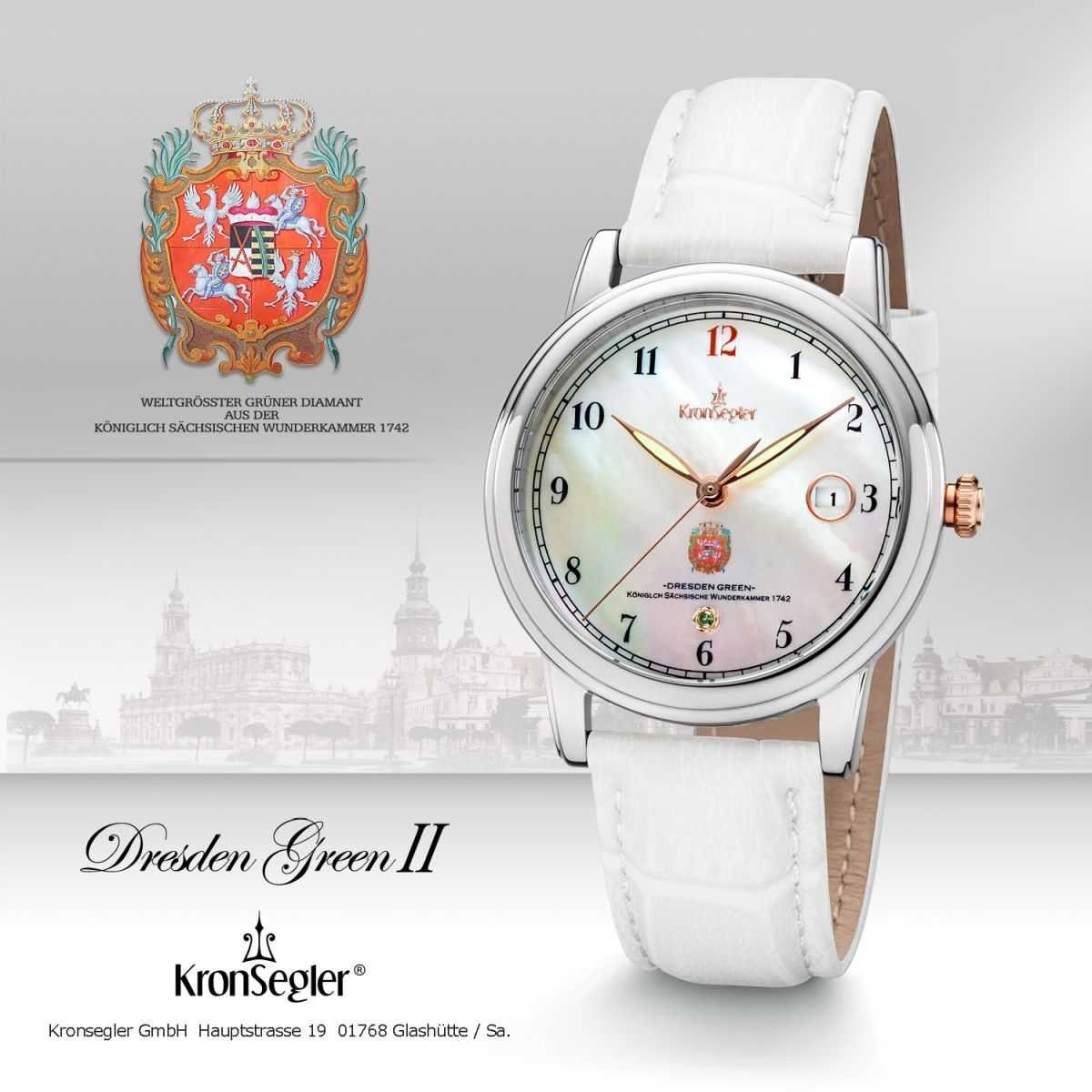 Kronsegler Quarzuhr Dresden Green II stahl-weiss Damenuhr Lederband 36 mm