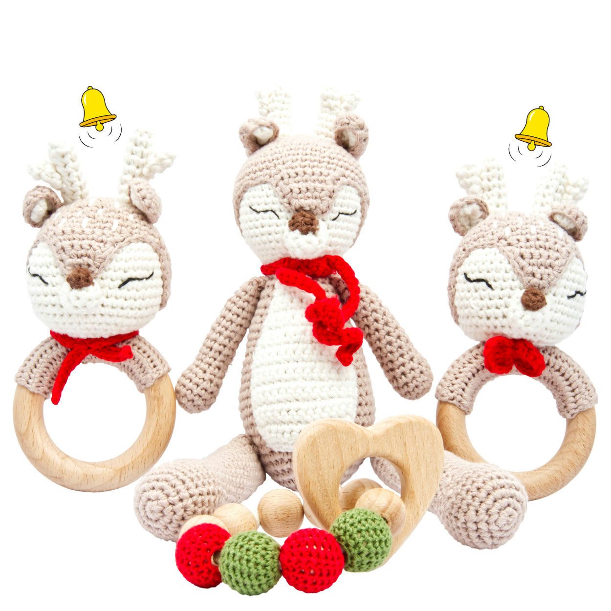 miniHeld Babypuppe Handgestrickter Reh Ivy Set Babyrassel Holzspielzeug und Baumwolle