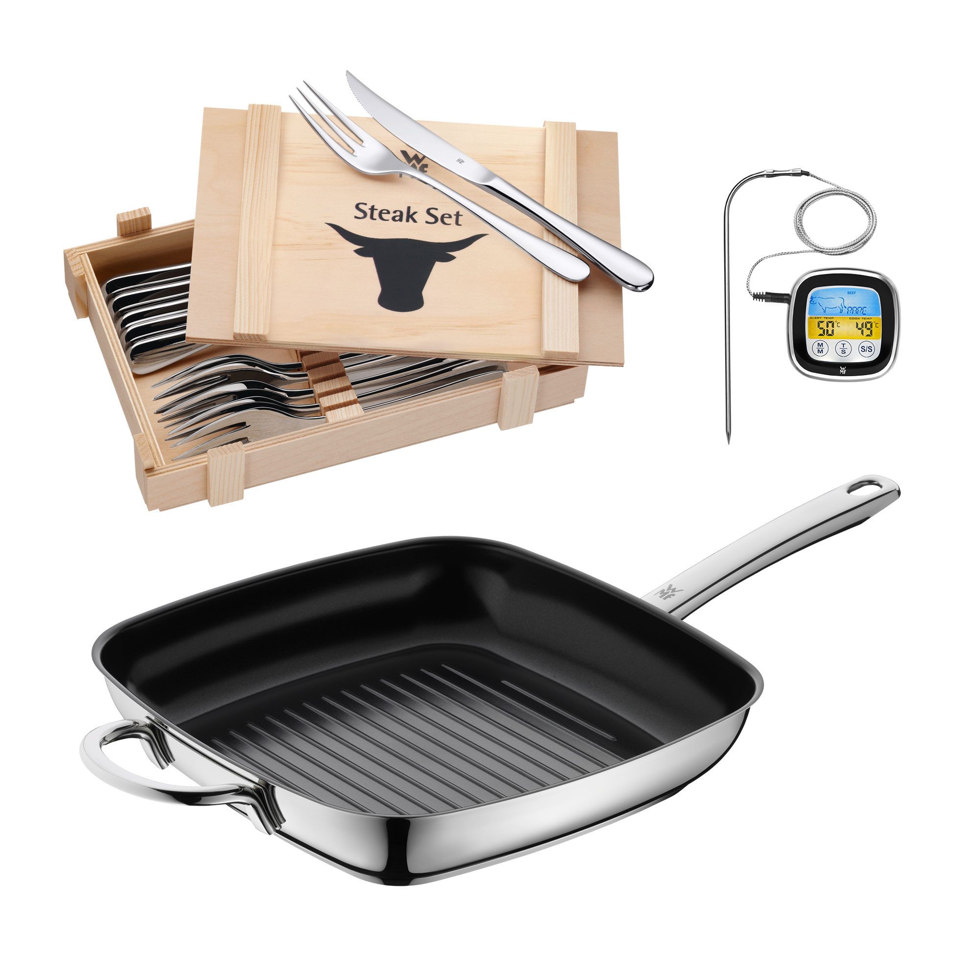 WMF Grillpfanne, Steakbesteck-Set 12 -tlg. und BBQ Digitales Thermometer, Set