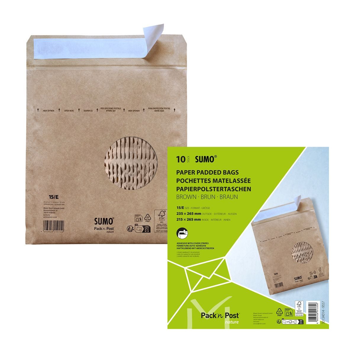 Sumo Versandtasche Sumo Papierpolstertaschen E braun 215x265mm 10 Stück haftklebend