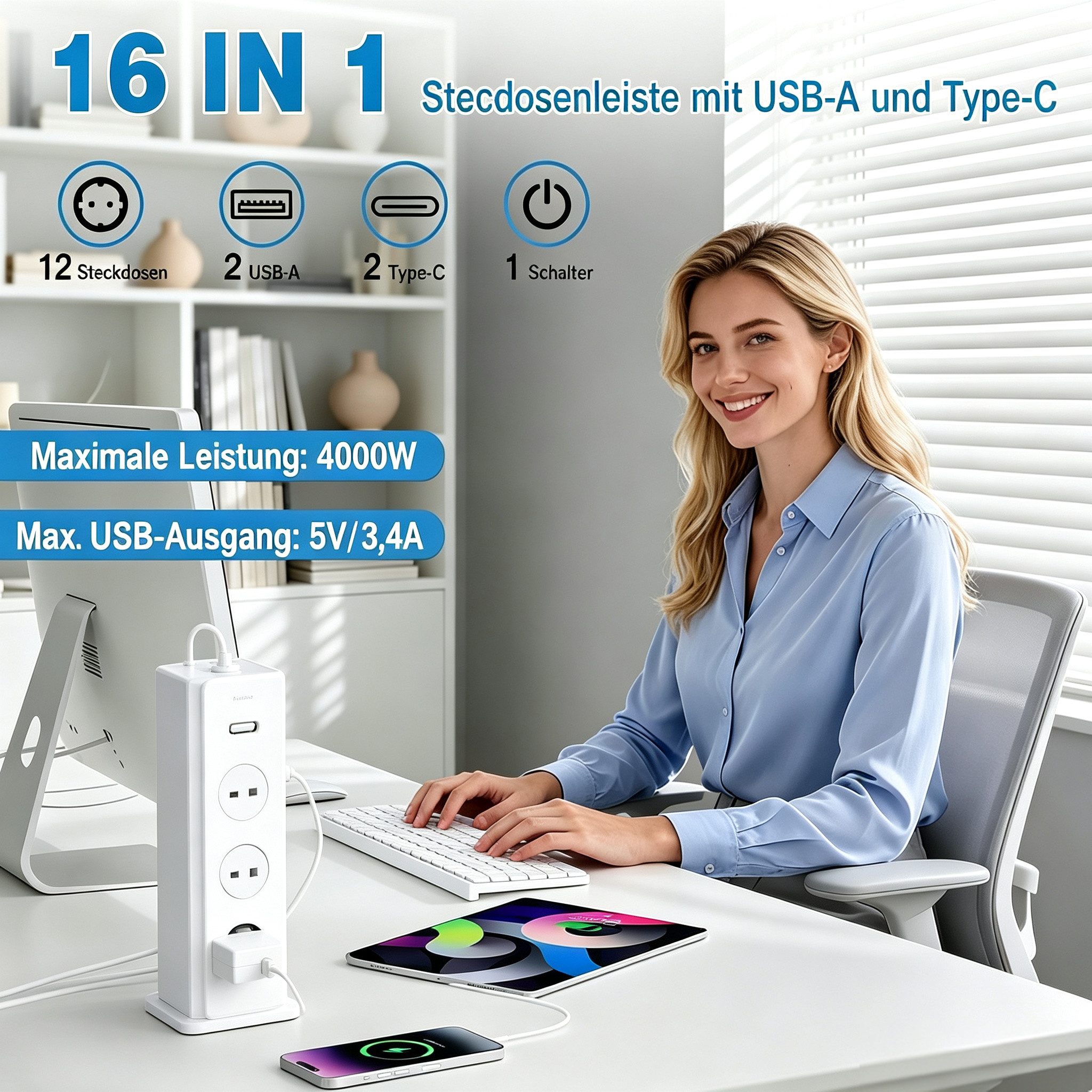ibettertec 12 Fach Mehrfachsteckdose mit 4 USB Steckdosenturm Steckdosenleiste Steckdosenleiste 12-fach (Ein-/Ausschalter, USB-Anschlüsse, Schutzkontaktkupplung, Schutzkontaktstecker, Überspannungsschutz), Steckdosenleiste mit 1 Einzelnen Schalter Überspannungsschutz