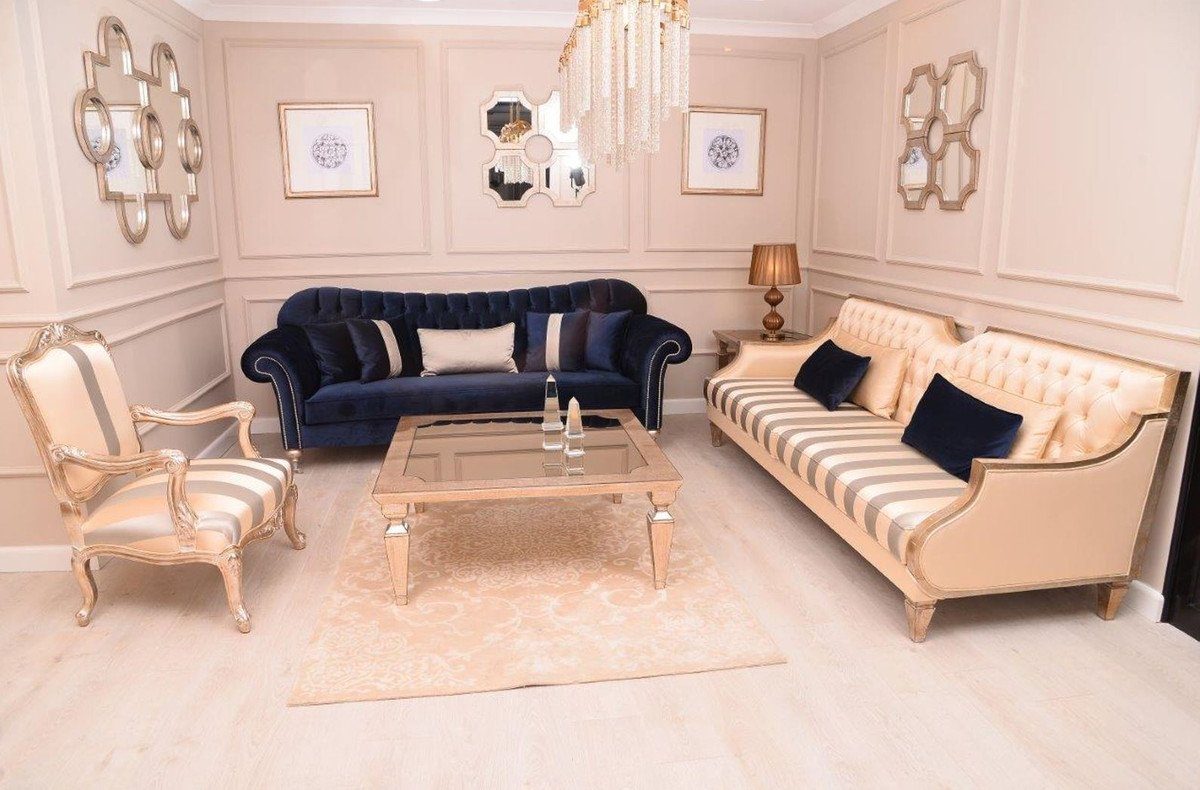 Handgefertigtes - Streifen Prunkvoll Wohnzimmer / Luxus Casa - Silber Edel Wohnzimmer mit Gold Sofa Möbel Barock - / Barock Beige Sofa Sofa & Padrino