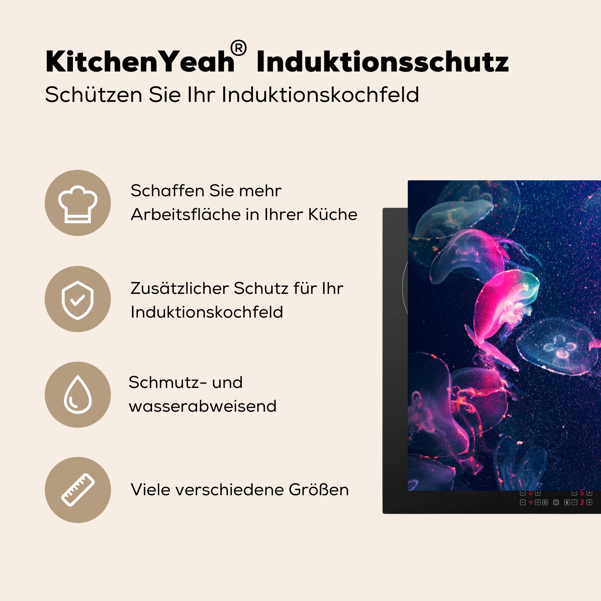 Quallen im 83x51 Arbeitsplatte Ceranfeldabdeckung, Vinyl, (1 tlg), MuchoWow für küche Wasser, Herdblende-/Abdeckplatte Fluoreszierende dunklen cm,