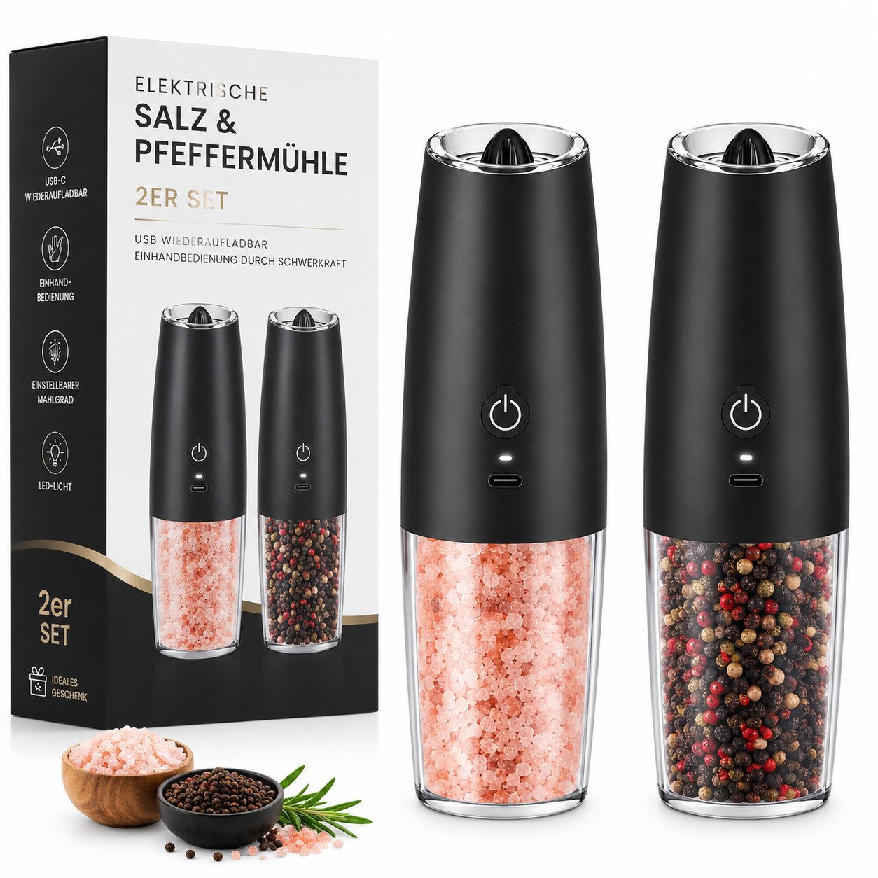 AIBISTAR Salz-/Pfeffermühle Elektrische Salz und Pfeffermühle 2er Set, USB Gewürzmühle Einstellbar Batterie, Einhandbedienung durch Schwerkraft, hochwertiger Keramikkern