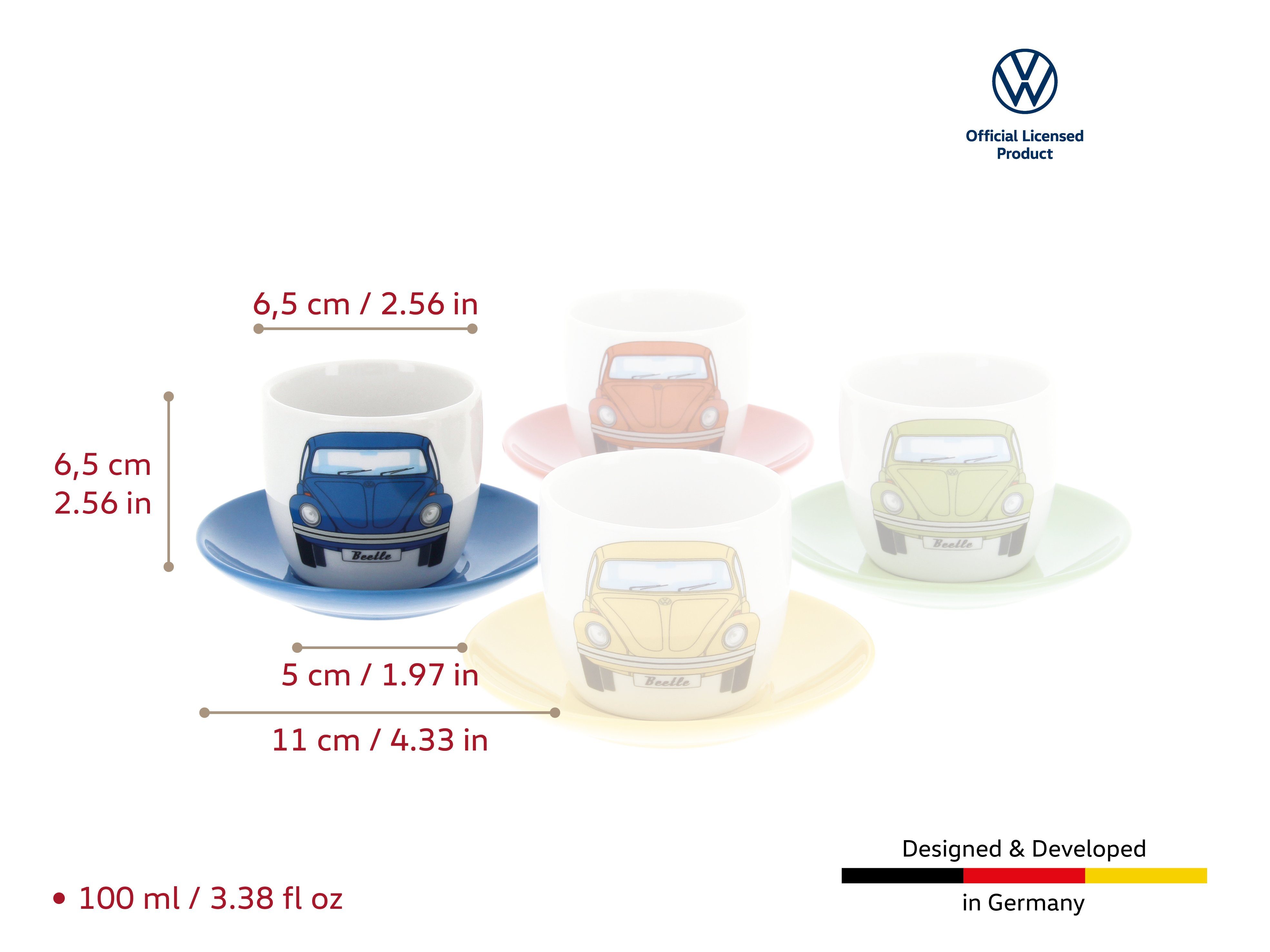 VW Collection by BRISA Espressotasse Volkswagen kleine Espressotassen, New Bone China, Espresso Becher im VW Beetle Design, 4er Set, 100ml