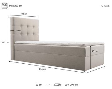 MOEBLO Boxspringbett Bett 05 (Polsterbett Kontinentalbett, Bonell-Matratze und Topper, Einzelbett Jugendbett, Kinderbett, gepolstertes Kopfteil mit Bettkasten), gepolstertes Kopfteil mit Bettkasten