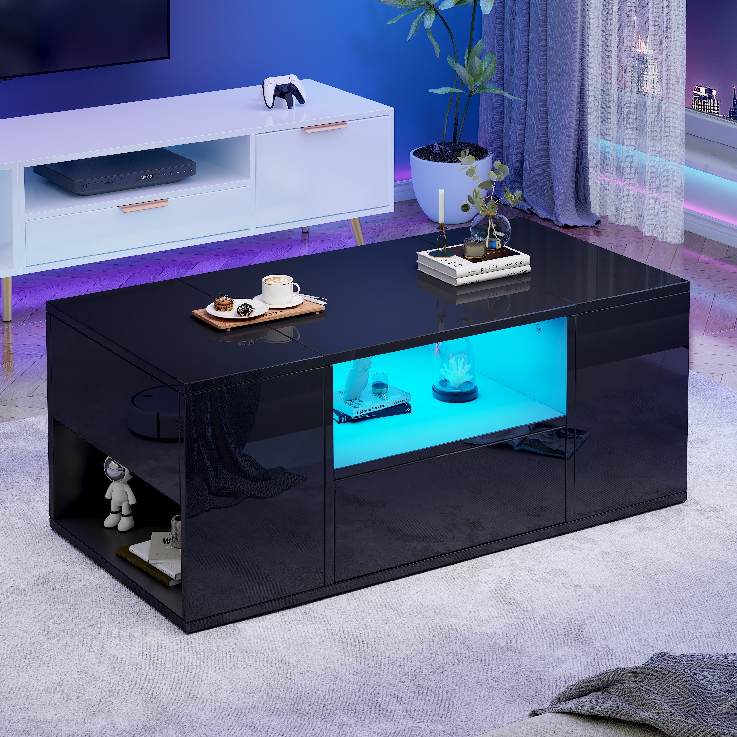 Merax Couchtisch Sofatisch Beistelltisch mit LED-Beleuchtung (100x50x40cm, 1-St), Wohnzimmertisch mit Schublade, Staufächern & 2 verdeckte Stauraum – Bild 4 von 5