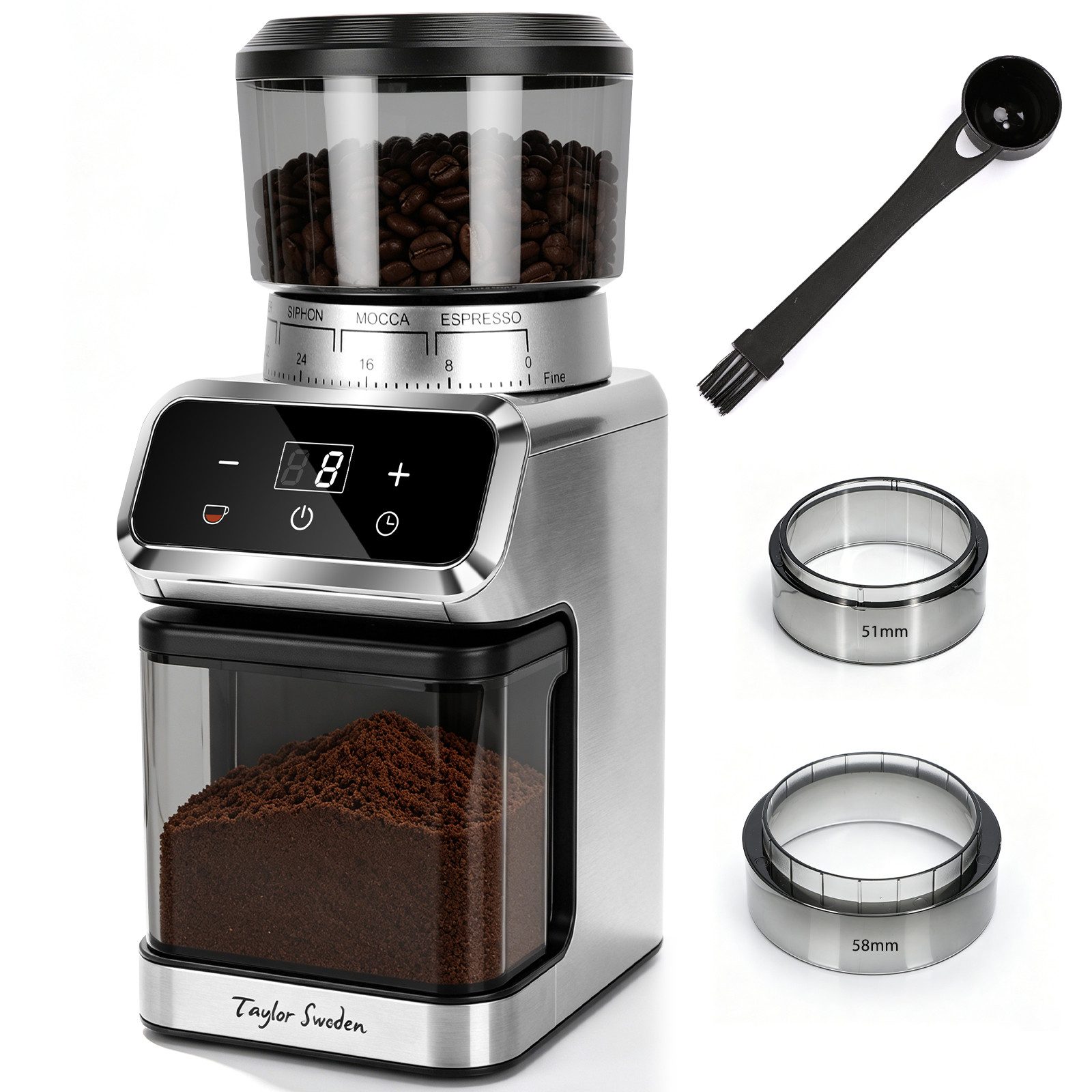 Taylor Swoden Kaffeemühle Elektrisch Coffee Grinder, 48 Stufen, 40mm Kegelmahlwerk, Edelstahl, 120 W, Kegelmahlwerk, 220 g Bohnenbehälter, LCD-Display, Speicher, leiser Motor, Antistatik, Überhitzungsschutz