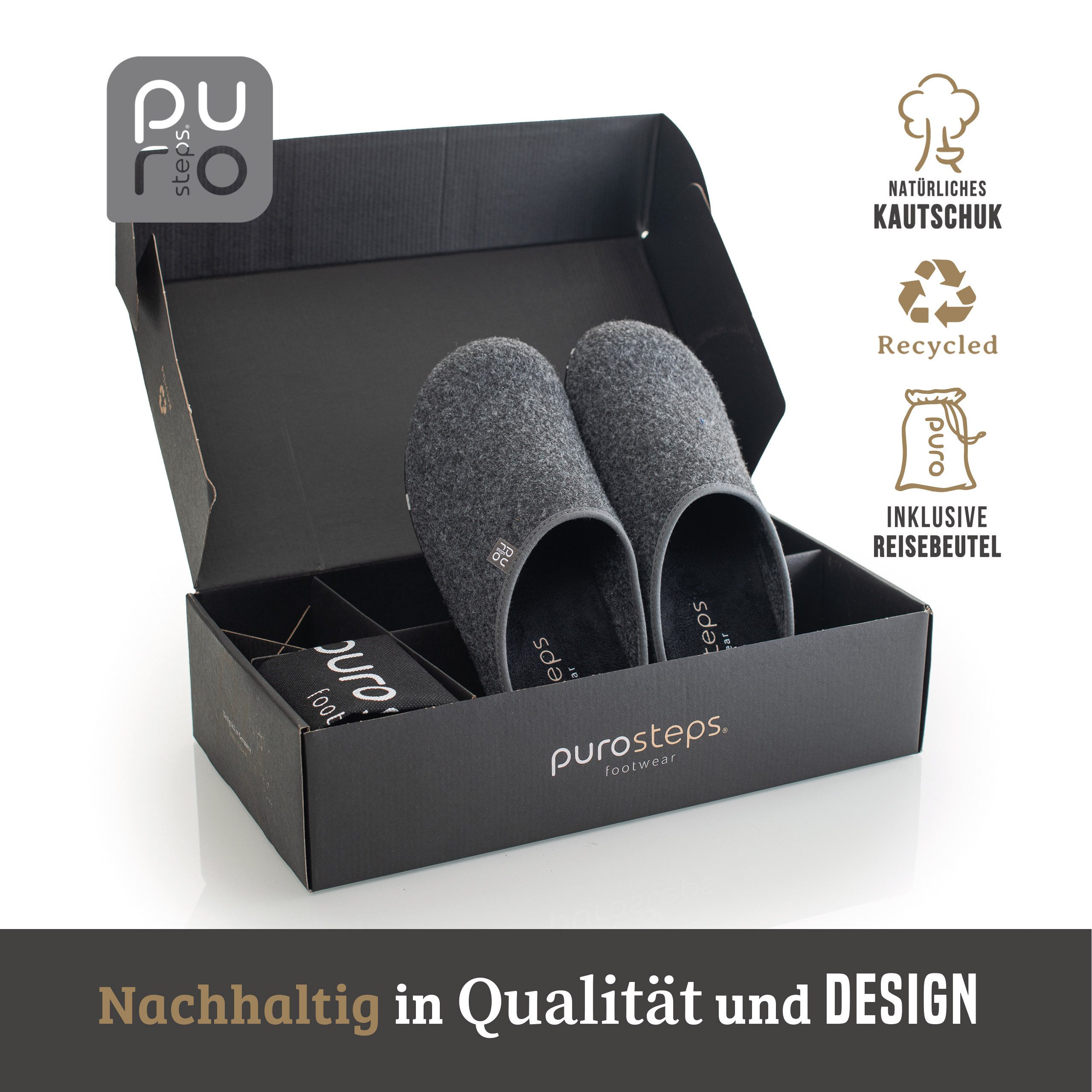 purosteps Fieltro-Eco Hausschuh Hergestellt aus recycelten PET Flaschen, Handgefertigt, Naturkautschuk