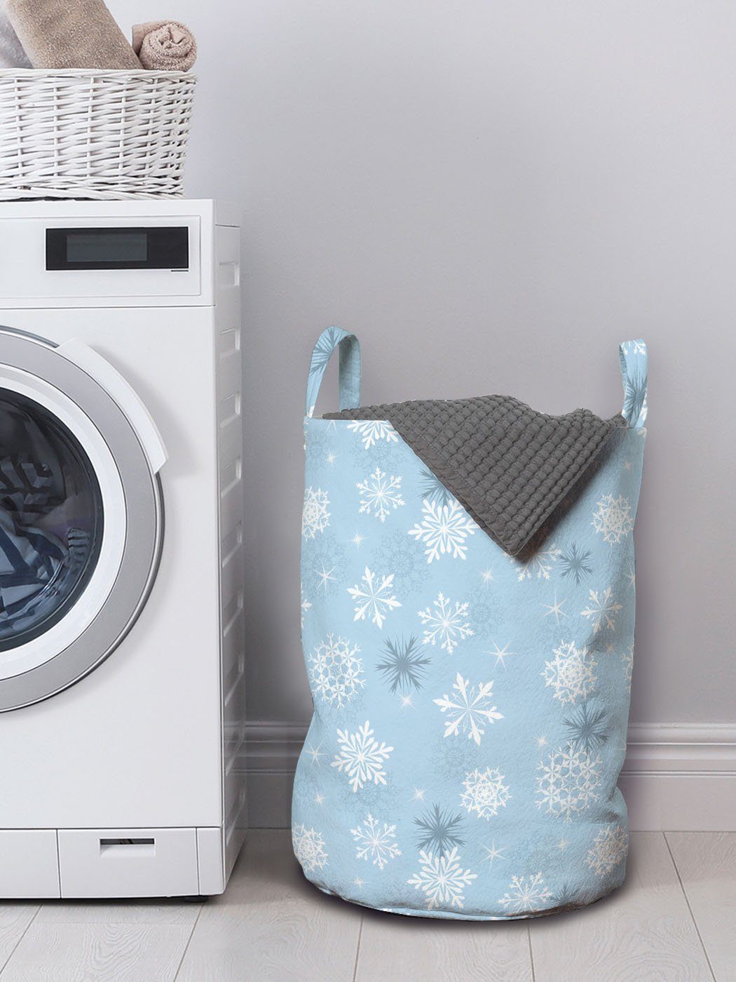 Wäschekorb Wäschesäckchen Waschsalons, Kaltes Abakuhaus Kordelzugverschluss Schneeflocke mit Wetter Entwurf Griffen für