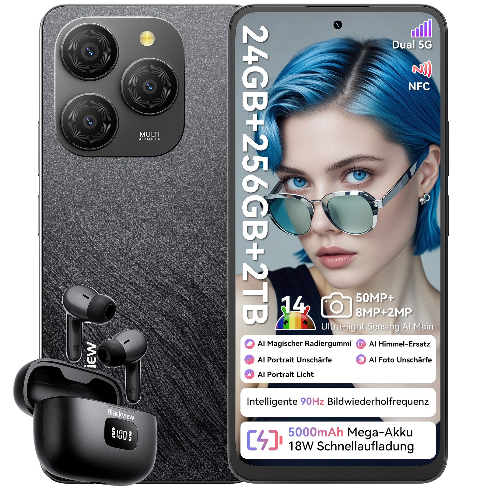blackview Shark9 5G AI incl. Airbuds 8 Handy (6.7 Zoll, 50 MP Kamera, Dual 5G, Android 14, NFC, AI-Dialog)