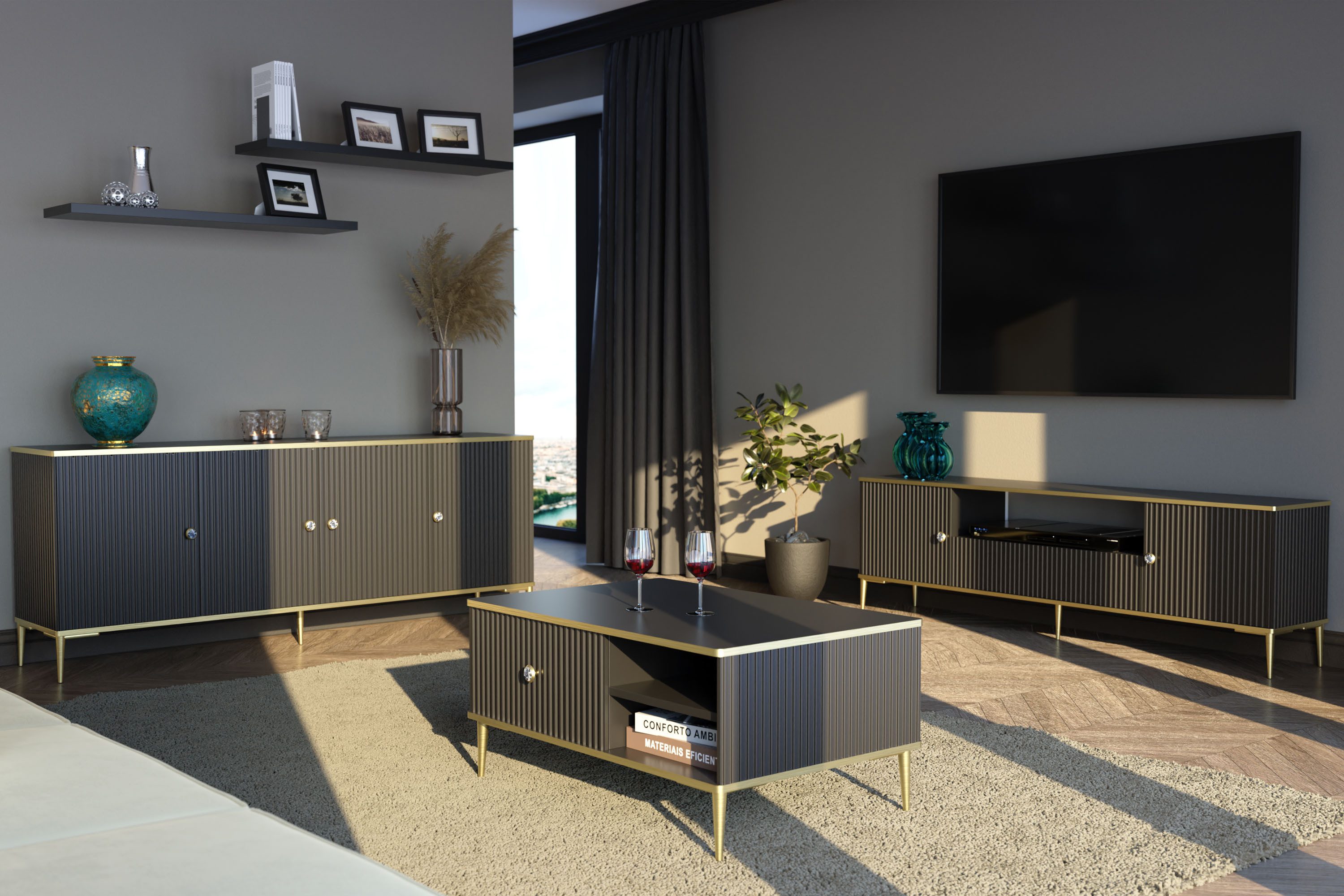 KONSIMO® Kommode EBIS Sideboard, Türkommode, Glamour, goldene Füße 15 cm, ABS-verstärkte Kanten, mit dekorativer Fräsung, Griffe mit Marmordekor