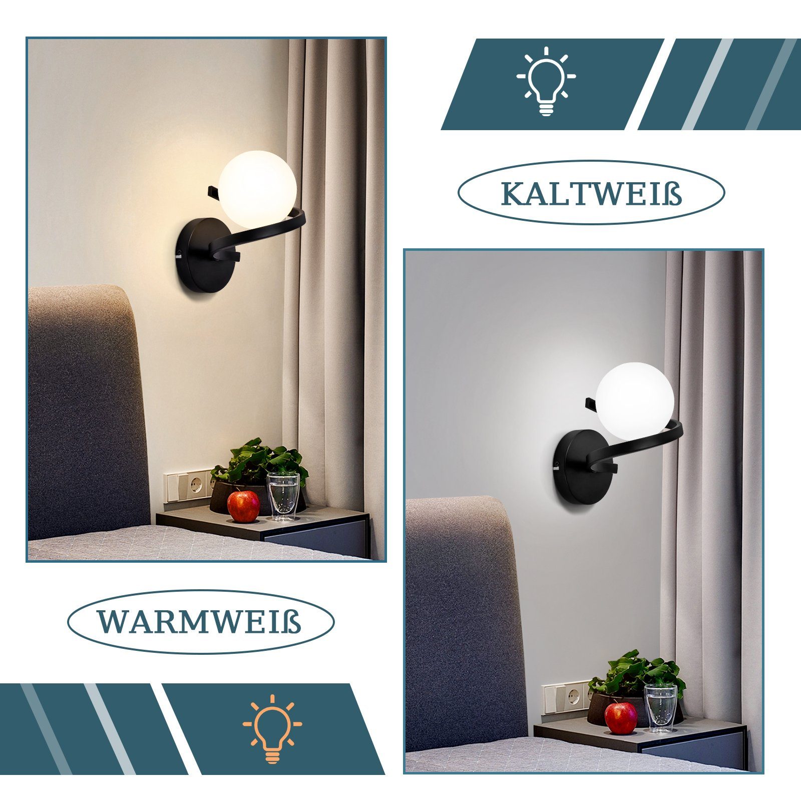 Modern Leuchtmittel, Glas Flur G9, Wohnzimmer 1 Wandleuchte Innen Lampenschirm, Flammig Nettlife Schwarz für Wandlampe Weiß ohne Metall aus Kinderzimmer Badezimmer Treppenhaus Nachtlampe Kugel