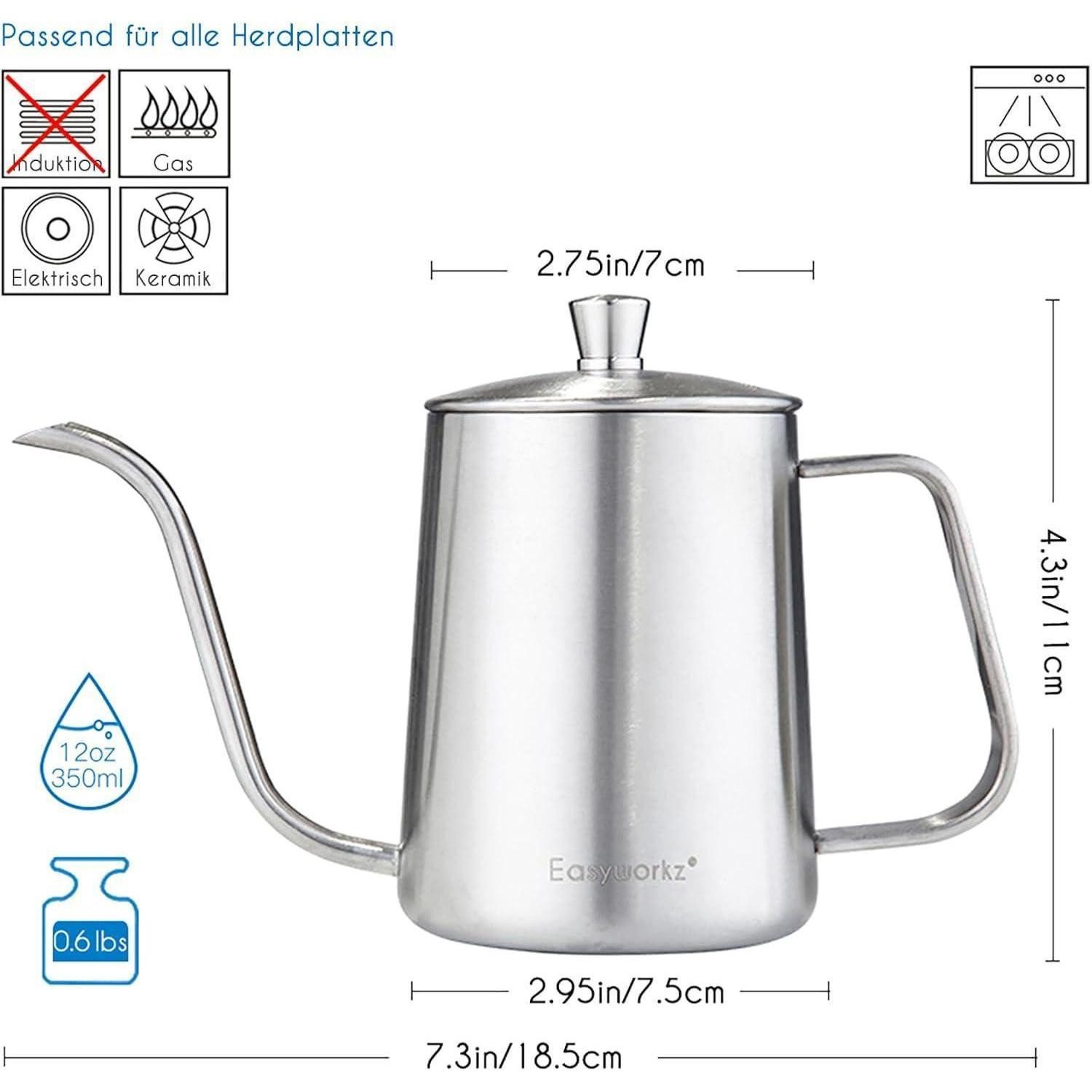 LuxusKollektion Kaffeekanne Kaffeekanne Schwanenhals Pour Over Edelstahl Auslauf Silber 350 ml