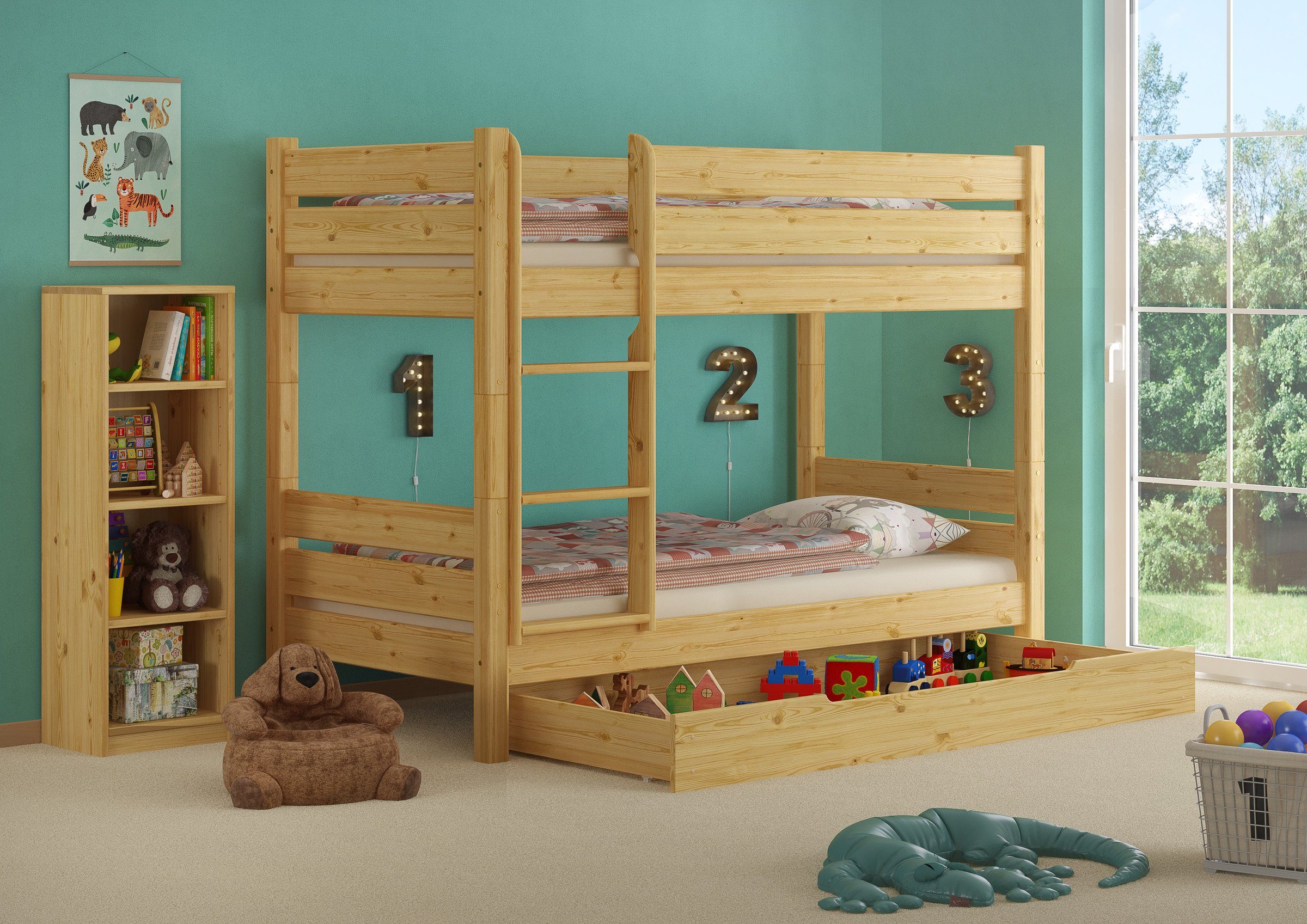 Kinderstockbett teilbar mit Etagenbett Kiefernholz Rost ERST-HOLZ 80x190