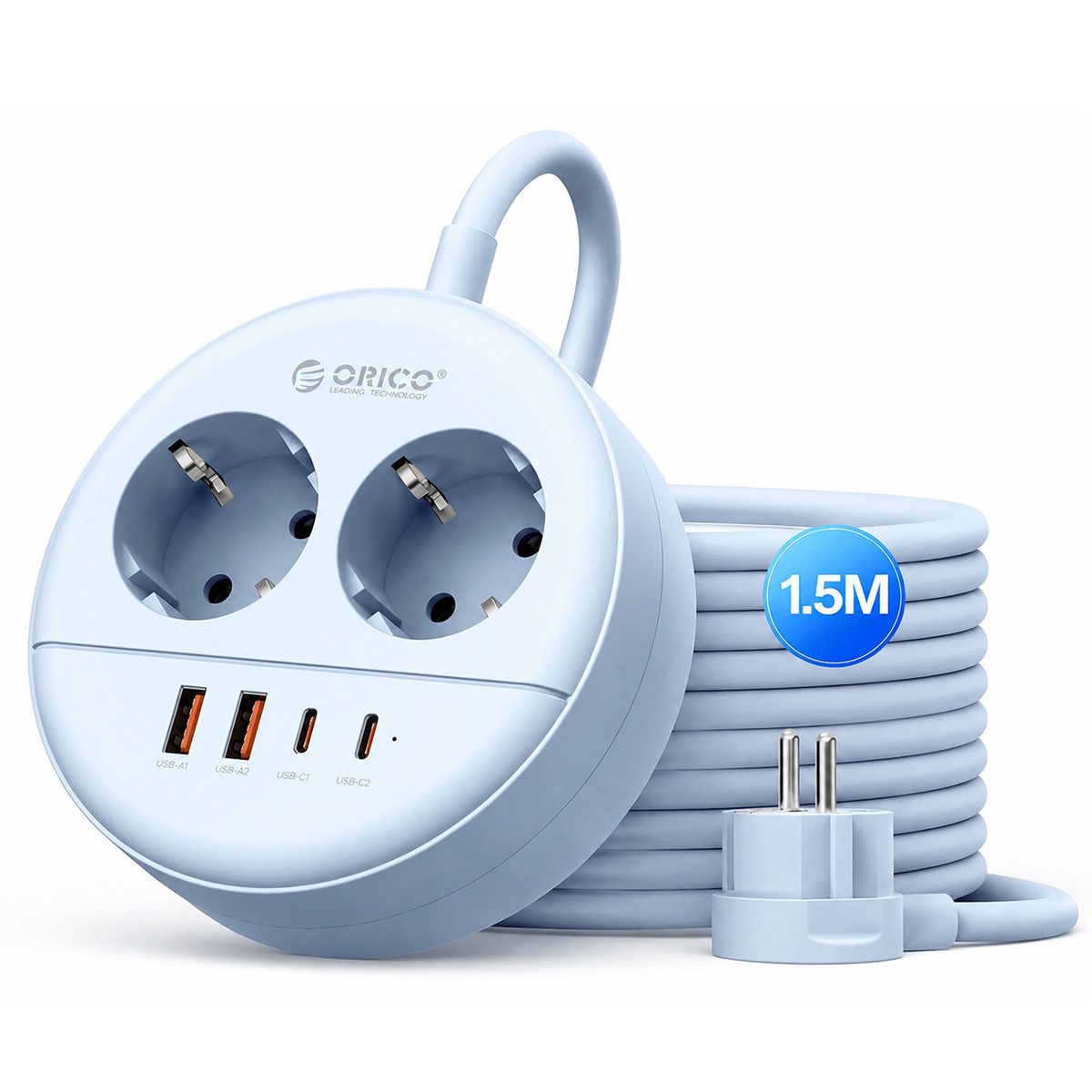 ORICO Steckdose Runde Steckdosenleiste mit USB-C PD 20W, 2 Steckdosen & 4 USB (2× USB-C), 1-St., 1,5 m Kabel, Wandmontage & Sicherheitsverschluss, 2500W für Büro & Zuhause