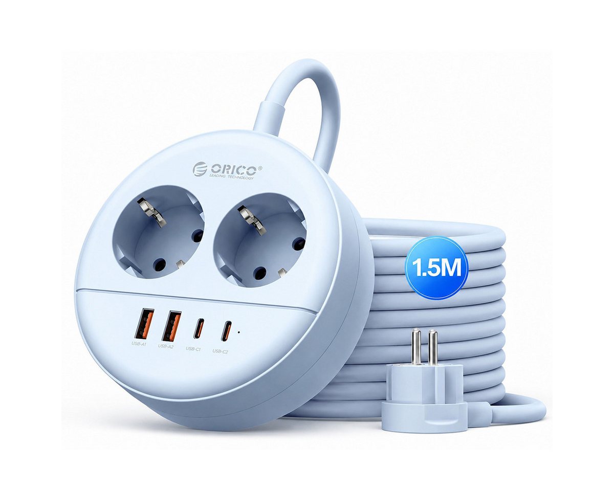 ORICO Steckdose Runde Steckdosenleiste mit USB-C PD 20W, 2 Steckdosen & 4 USB (2× USB-C), 1-St., 1,5 m Kabel, Wandmontage & Sicherheitsverschluss, 2500W für Büro & Zuhause