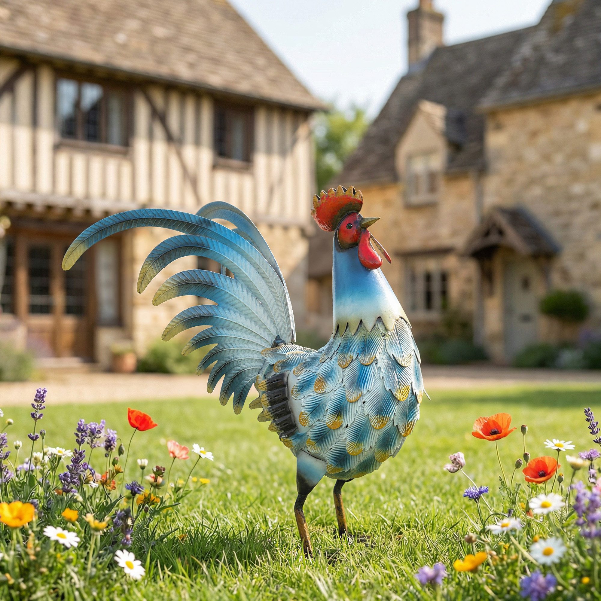 Outsunny Gartenfigur mit Bodenankern, (Hahn-Skulptur, 3 St., Gartenstatue), 44L x 18B x 41H cm Mehrfarbig