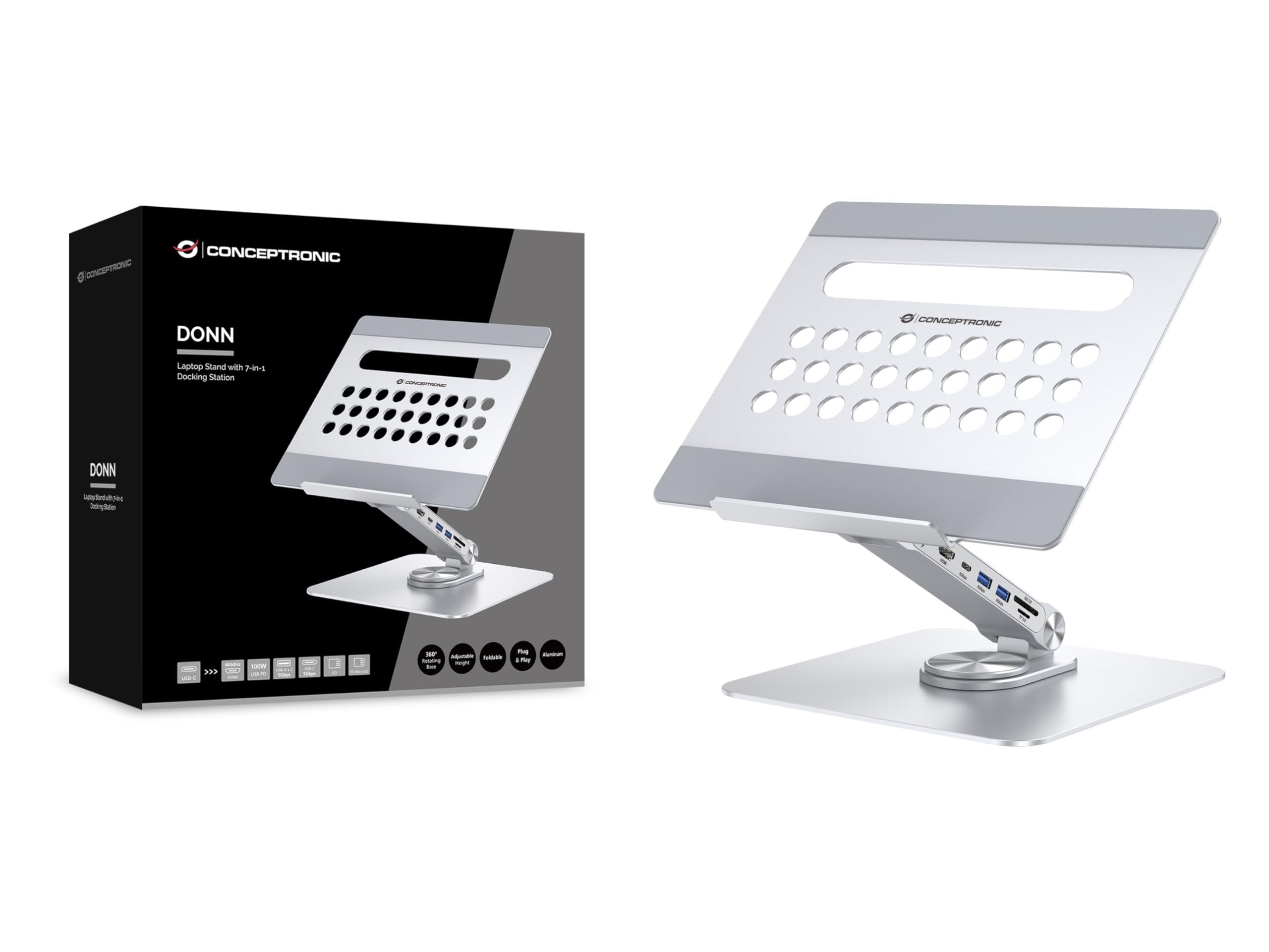 Conceptronic Laptop-Dockingstation DONN27G, Faltbar, höhenverstellbar und 360° drehbar für ergonomisches Arbeiten