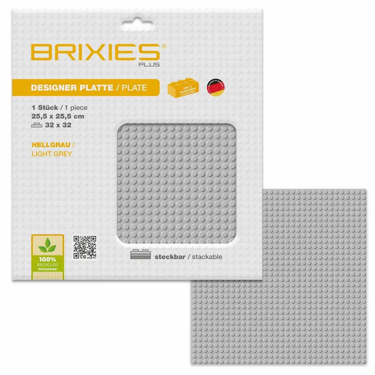 Brixies BRIXIES Bodenplatte Basic hellgrau 32x32cm Konstruktionsspielsteine, kompatible Klemmbausteine