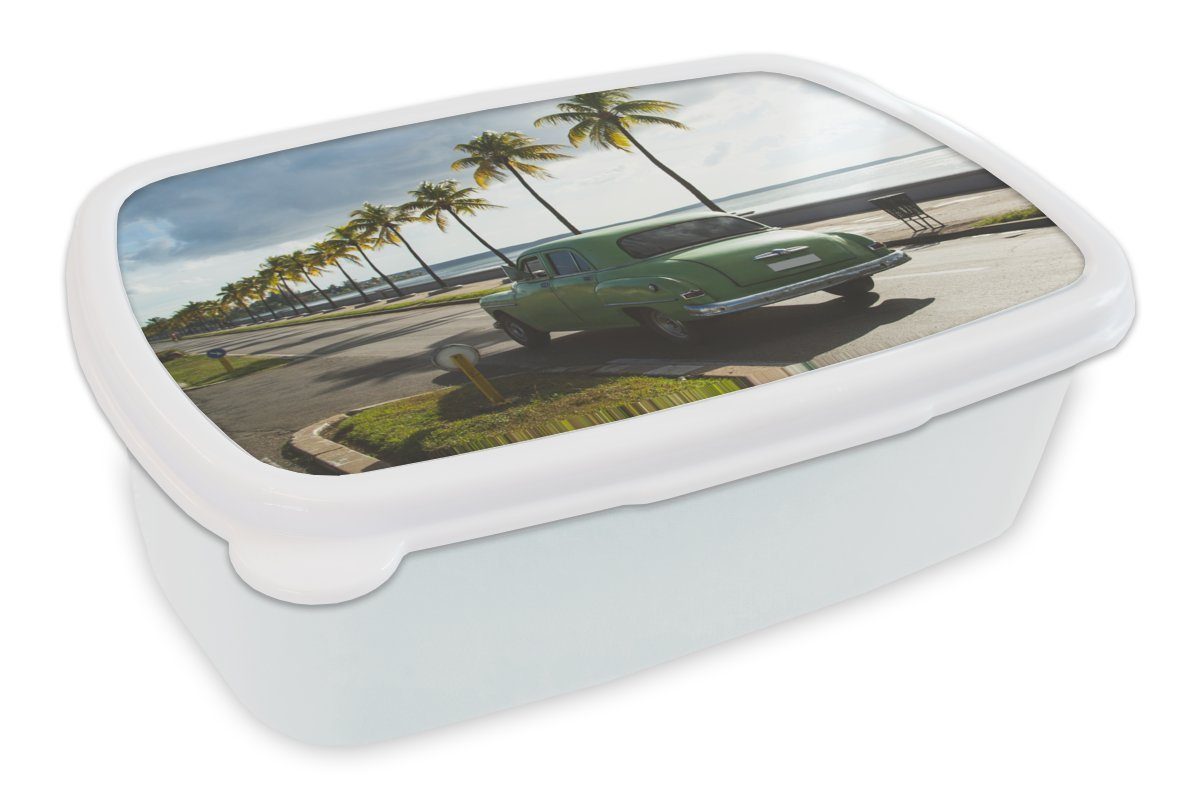 MuchoWow Lunchbox Auto Kuba - Palme, Kunststoff, (2-tlg), Brotbox für Kinder und Erwachsene, Brotdose, für Jungs und Mädchen weiß