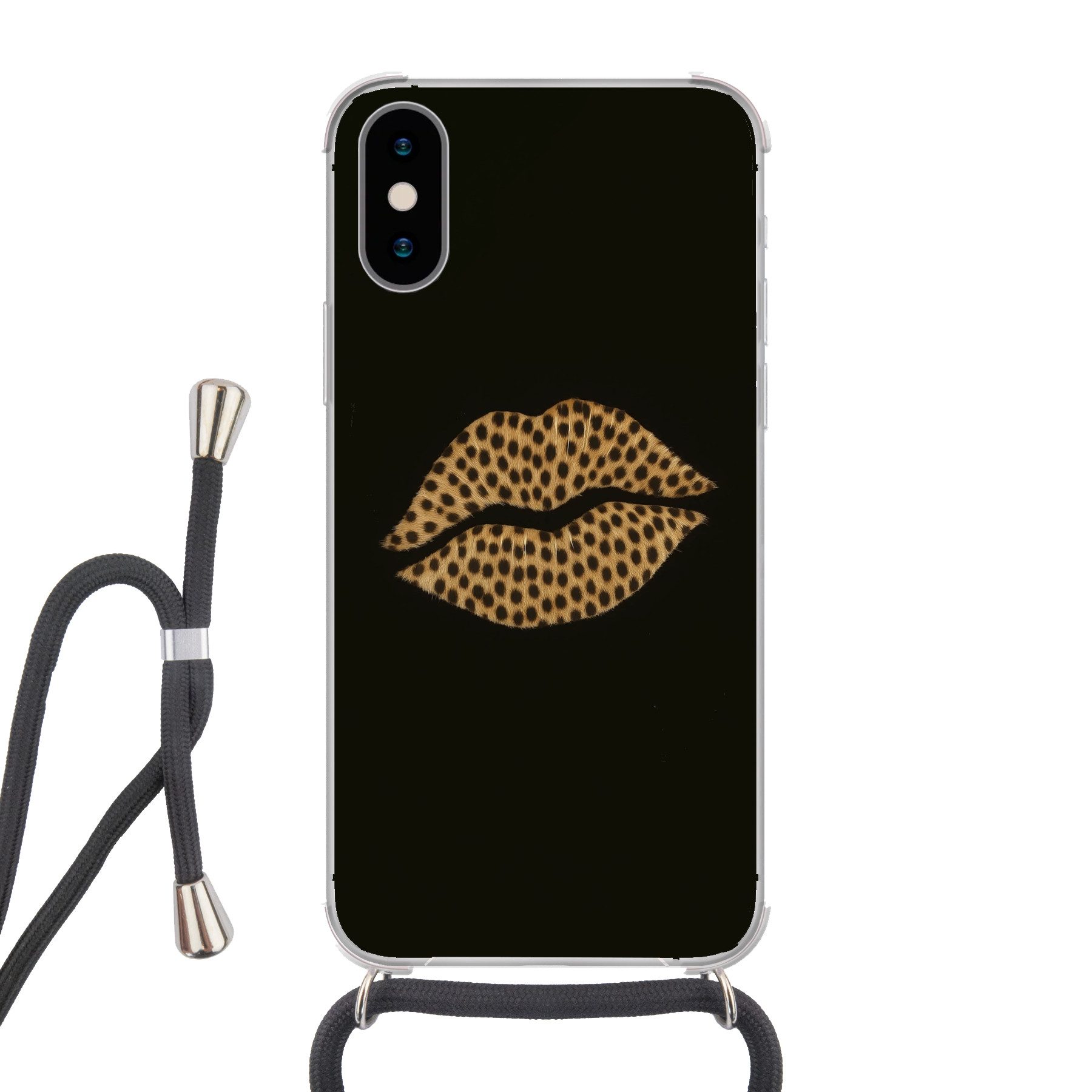 MuchoWow Handyhülle für Apple iPhone XS Lippen - Schwarz - Pantherdruck, Tragbare Handyhüllen mit Kette zum umhängen, Handykette Handyband