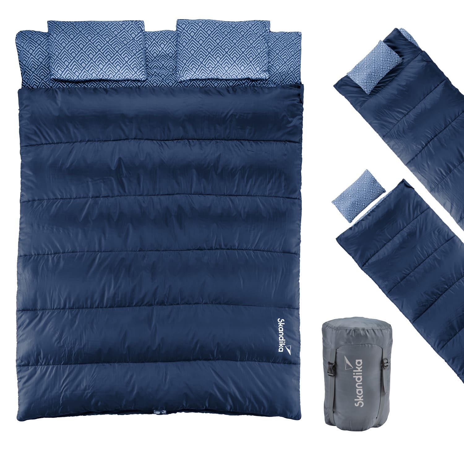 Skandika Schlafsack Iceland Double Flanell, 3 Jahreszeiten, 100% Baumwolle, Kissen (2-Wege-Reißverschluss mit Kälteschutz, Stoffsteg, Webbandklemmschutz), Waschmaschinenfest, 220 x 150 cm, Deckenschlafsack/Familienschlafsack