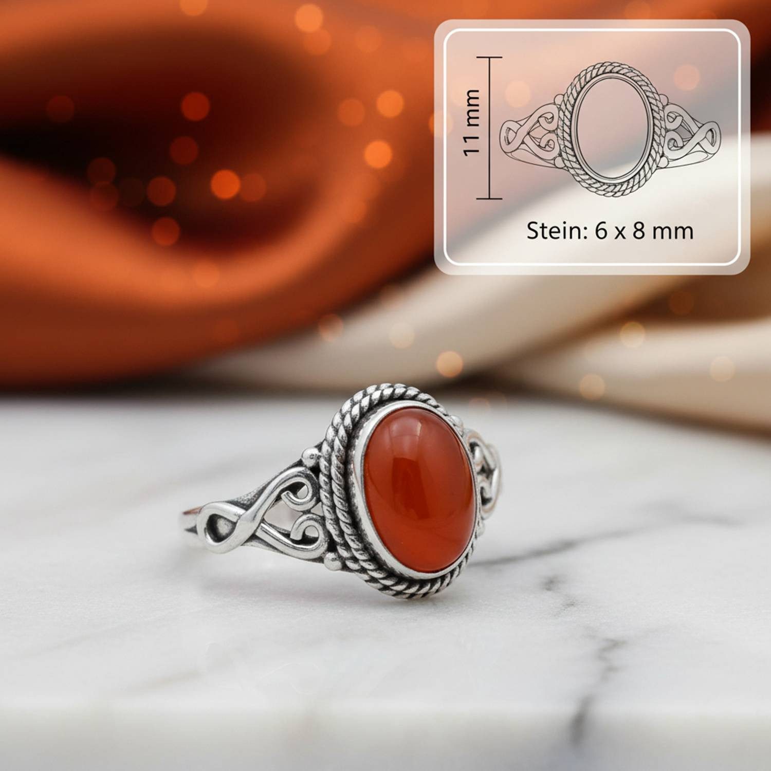 mantraroma Silberring BAGHIMI oval aus 925 Silber mit Karneol (Ring mit Schmuckbeutel), Damenring aus 925er Silber