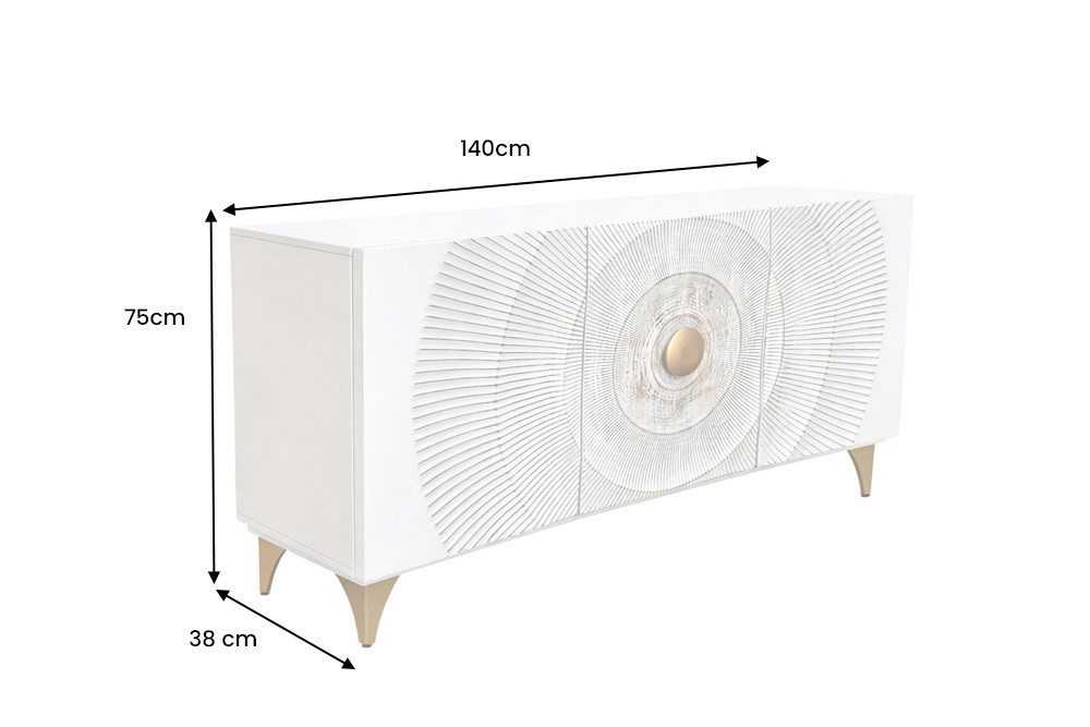riess-ambiente Sideboard GOLDEN SUNSET 140cm weiß/gold - Massivholz, 3D-Front, Soft-Close (Einzelartikel, 1 St), handgefertigt mit viel Stauraum – ideal für Wohnzimmer & Esszimmer