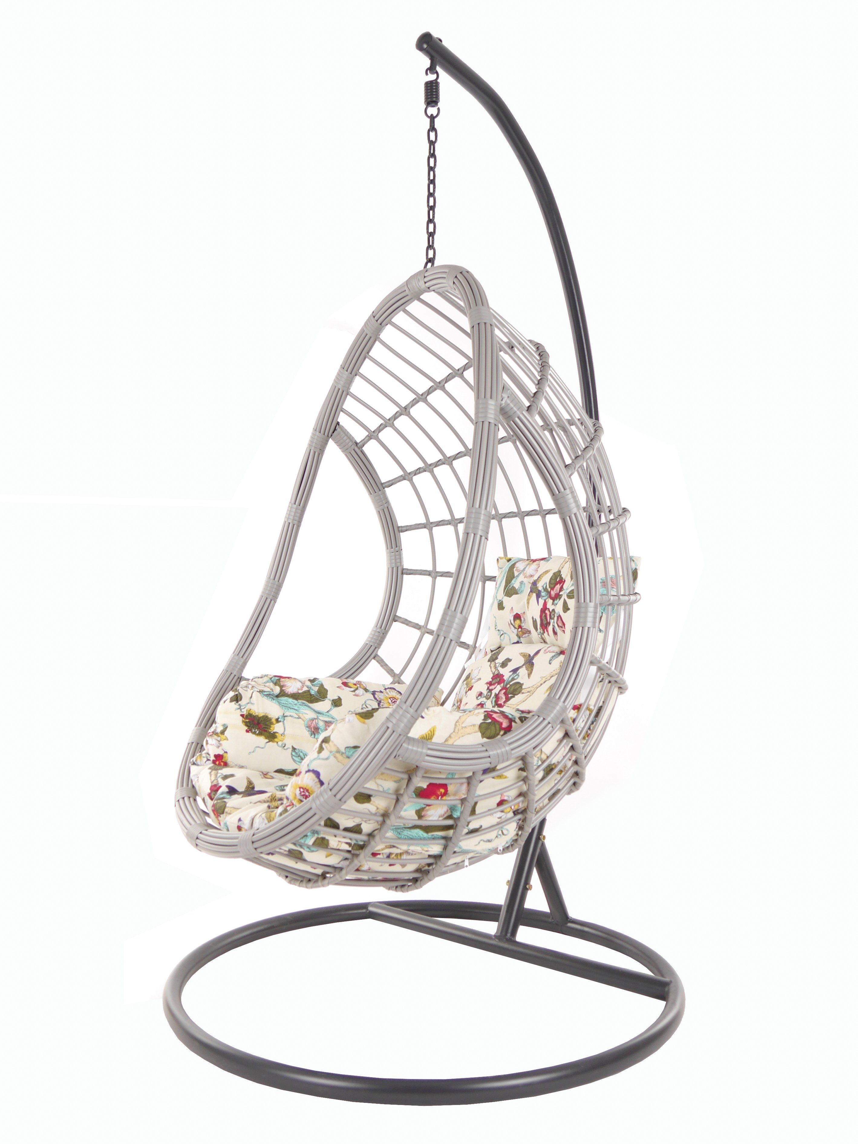 KIDEO Hängesessel PALMANOVA lightgrey, Swing Chair, Loungemöbel, Hängesessel mit Gestell und Kissen elfenbein gemustert (0056 ivory birds)