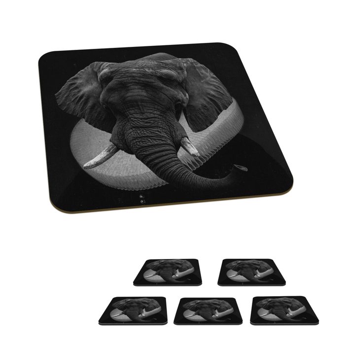 MuchoWow Glasuntersetzer Gemälde - Elefant - Schwarz - Weiß Zubehör für Gläser 6-tlg. Glasuntersetzer Tischuntersetzer Korkuntersetzer Untersetzer Tasse