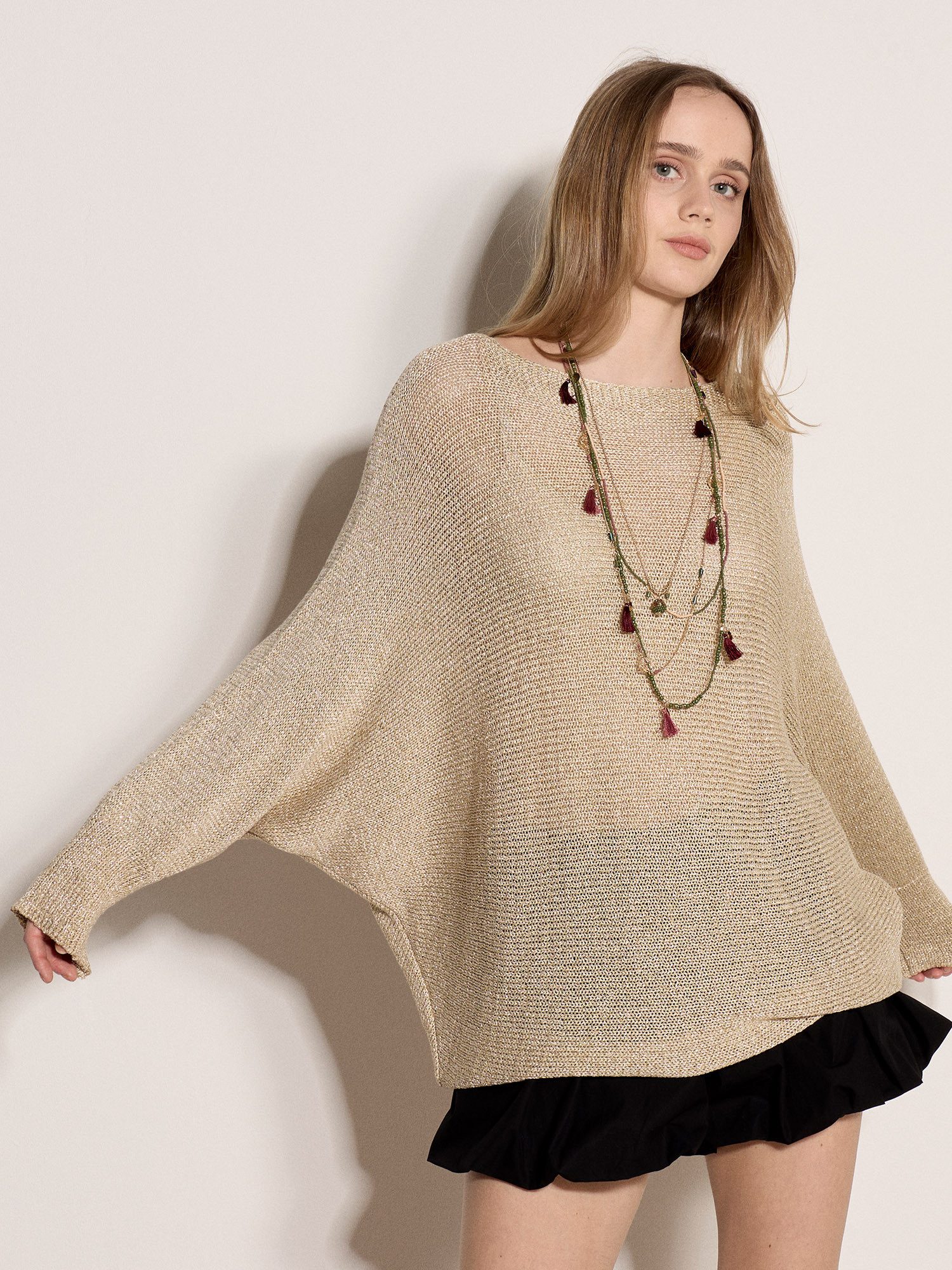 Apricot Fledermauspullover Strickpullover mit Goldschimmer