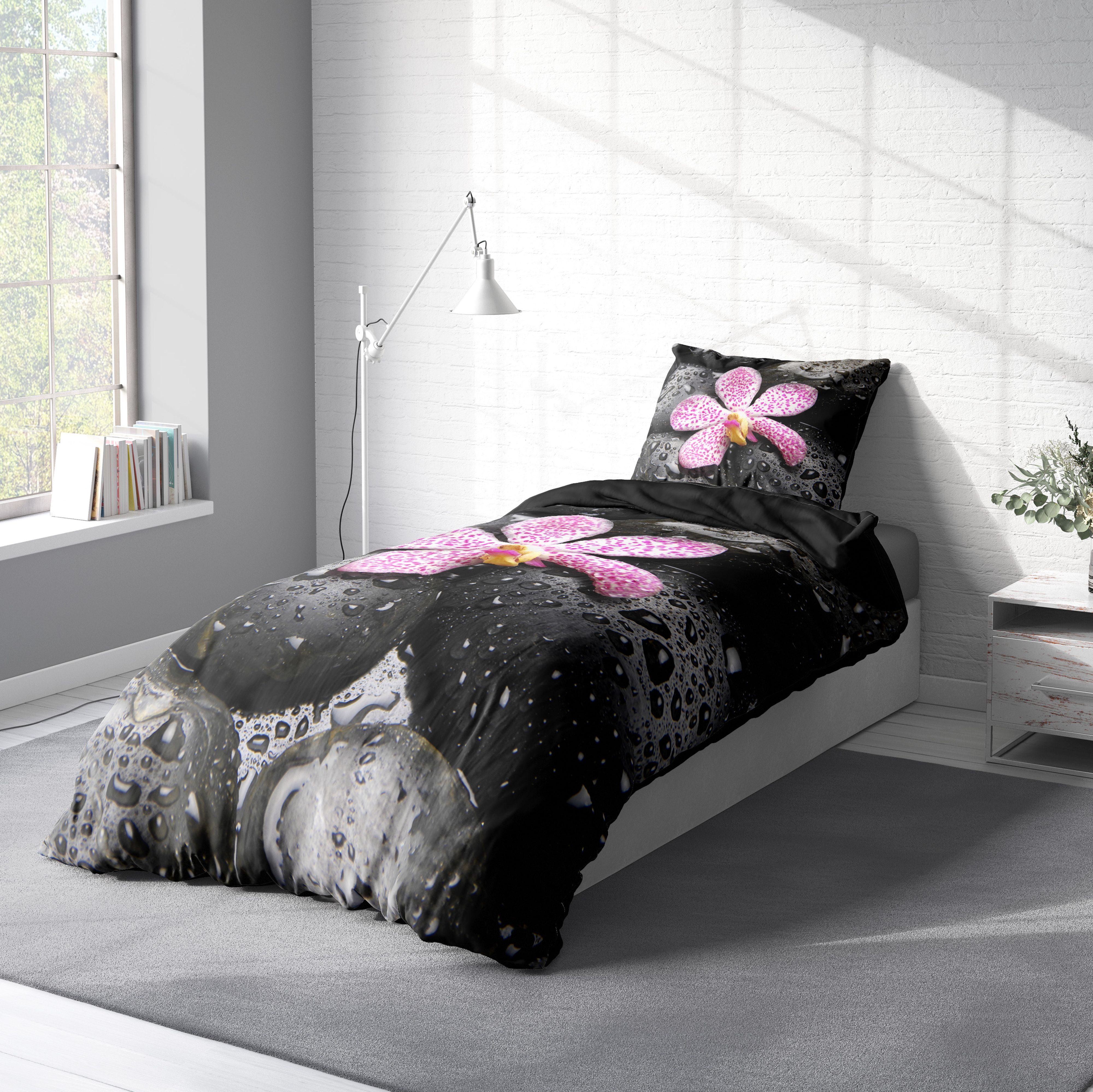 One Home Bettwäsche Fotodruck, Mikrofaser, 2 teilig, Steine Orchideen Zen Relax, Knitterfrei Weich für Sommer und Winter