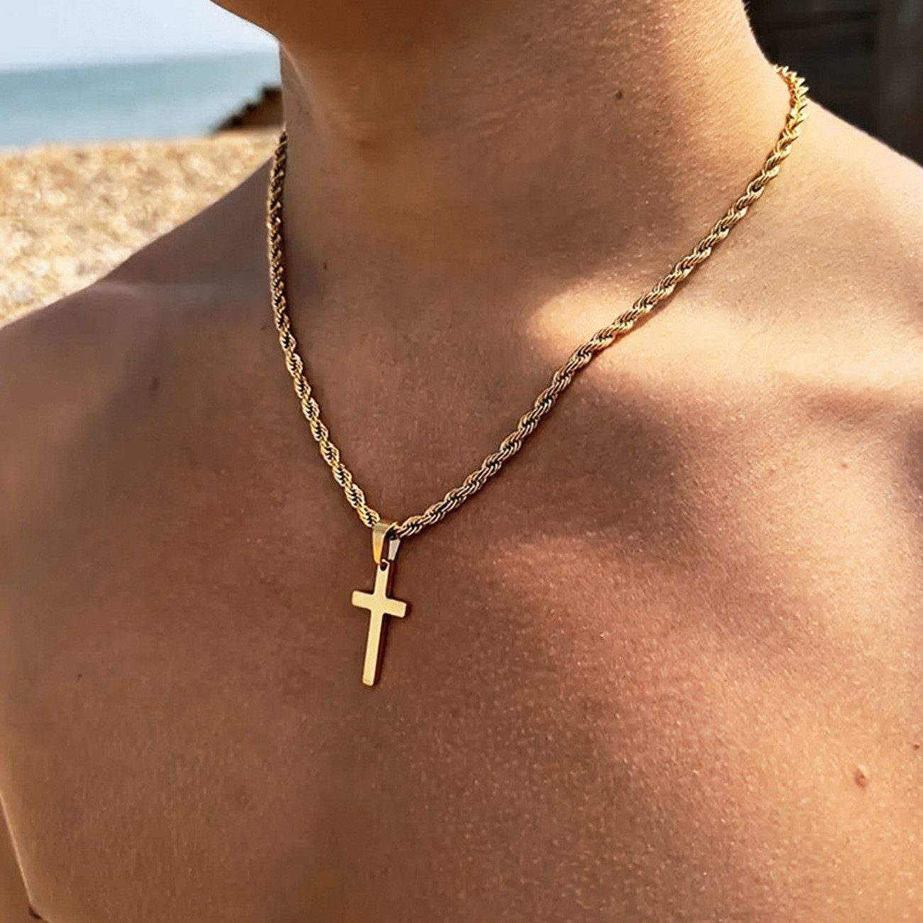 KARMA Kette mit Anhänger Halskette Herren mit Kreuz Silber oder Gold Edelstahl wasserfest (Geschenk für Ihn Kreuzkette, 1-tlg., Edelstahlkette Männer Herrenhalskette), 48 cm Kette Herrenschmuck