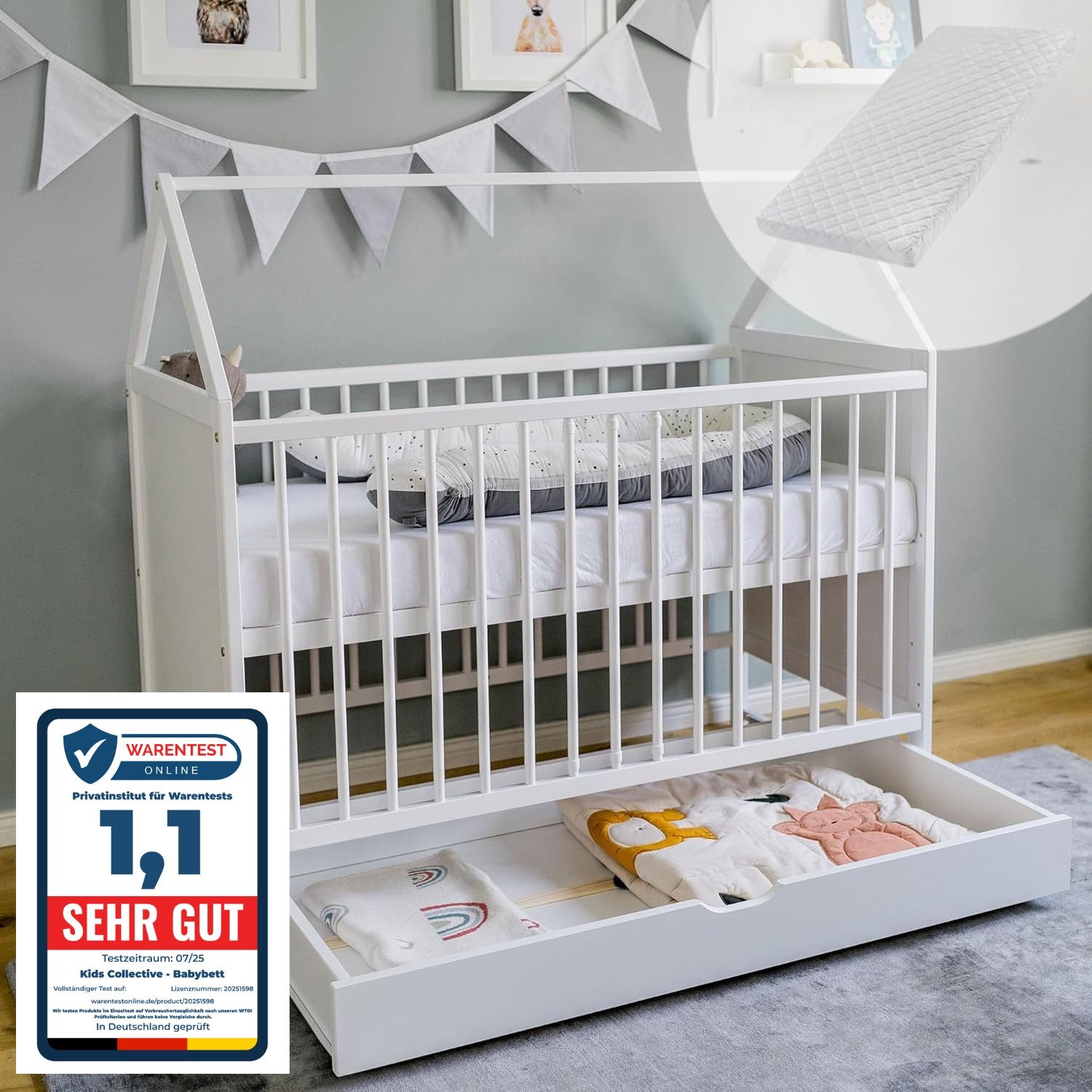 Kids Collective Babybett Beistellbett Kinderbett und Hausbett in einem mit Schublade, vielfältig umbaubar zu Juniorbett, viel Stauraum, mit Matratze